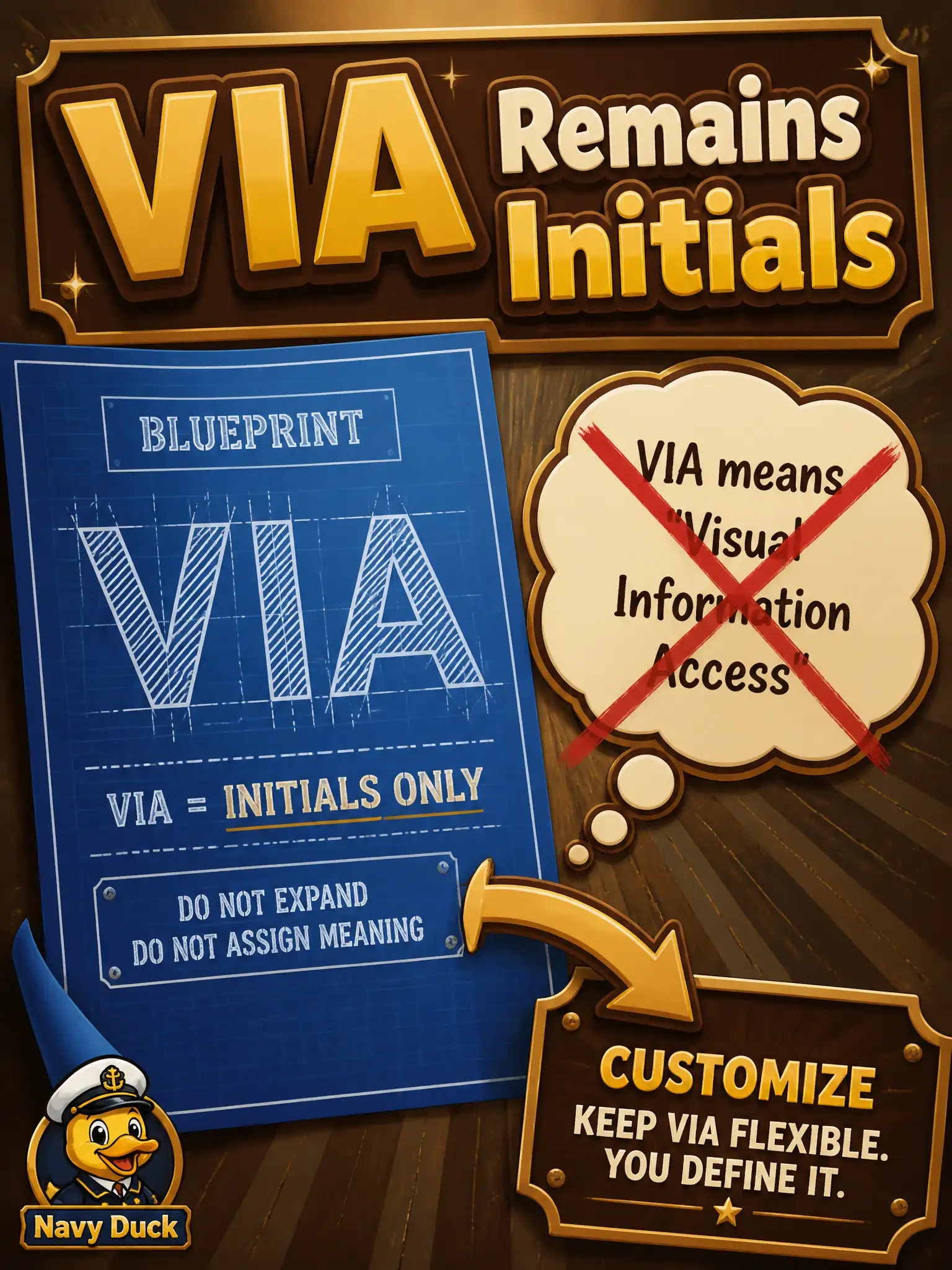 To Create an exciting colorful infographic that explains the concepts in the question: Question: A chocolate-temper bench asks what VIA stands for while customizing an NVIDIA AI Blueprint. The public cert materials print only the initials. What should the implementer do? Correct Answer: Leave VIA as initials and still customize the named Blueprint for video+text. Put EVERY visible label in double quotes. No people. No A/B/C/D letters. In one of the four corners put a little "Navy Duck".
