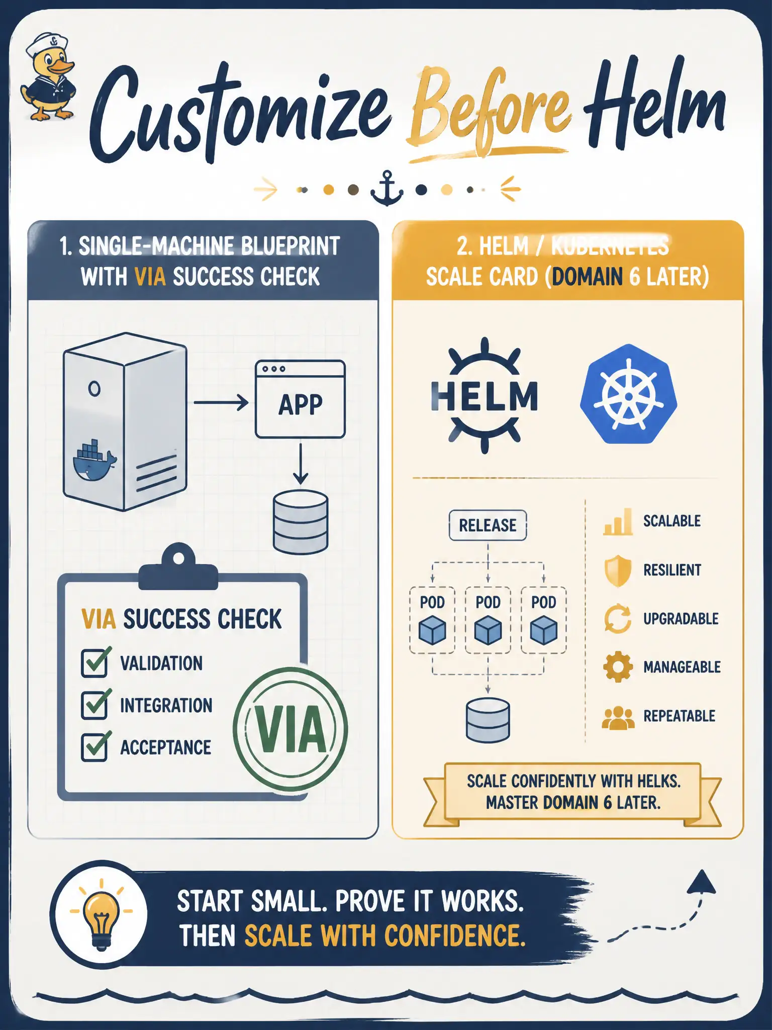 To Create an exciting colorful infographic that explains the concepts in the question: Question: A vinegar-cask room gets the VIA Blueprint answering on one machine. Someone opens a Kubernetes Helm chart next. What should Domain 4 finish first? Correct Answer: Blueprint customization and assembly on the working path; leave Helm scale to Domain 6. Put EVERY visible label in double quotes. No people. No A/B/C/D letters. In one of the four corners put a little "Navy Duck".