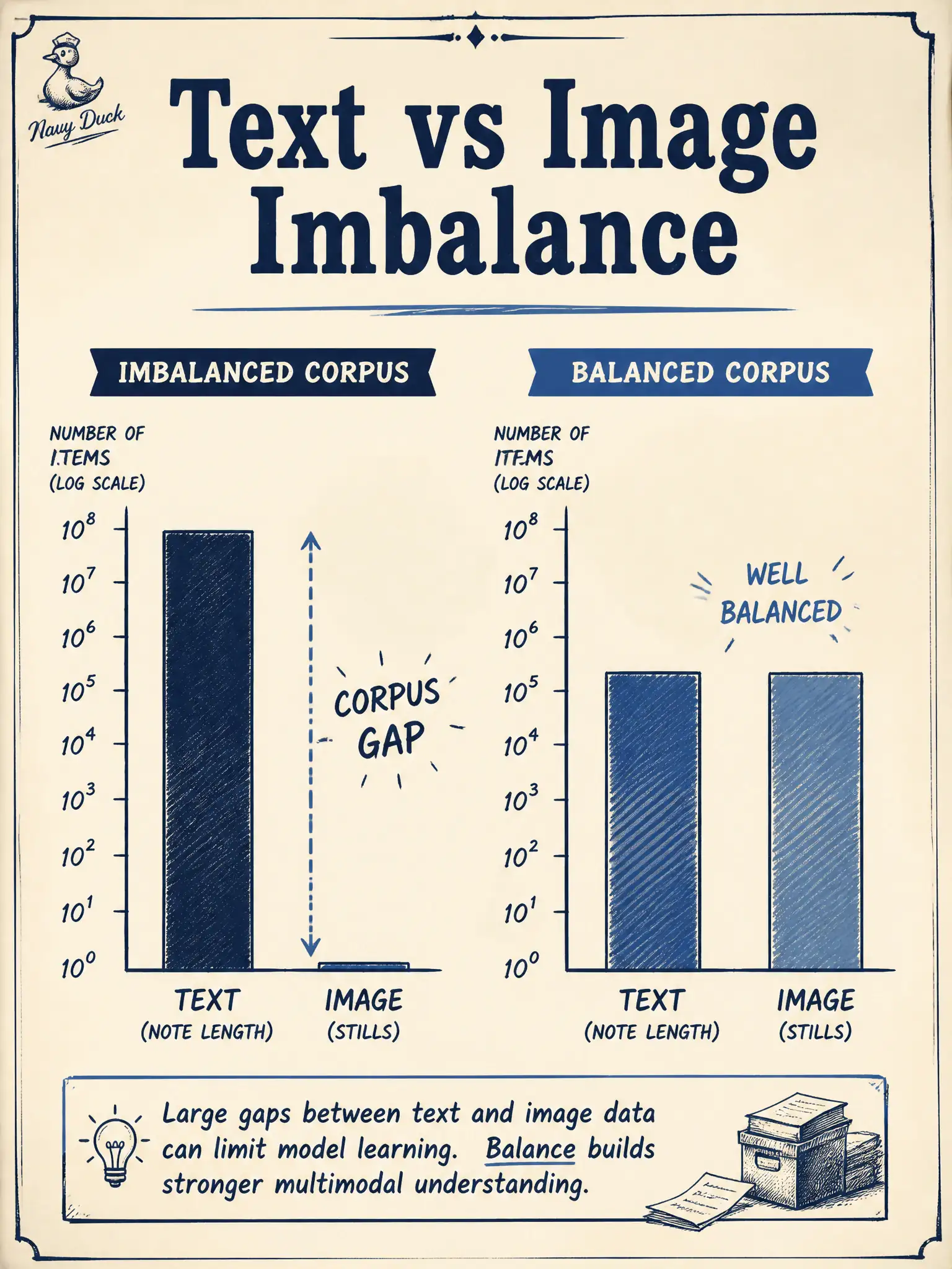 To Create an exciting colorful infographic that explains the concepts in the question: Question: A municipal archive loft plots draft-note length against how many stills sit in each drawer and finds one drawer with long notes and almost no photos. What should that chart be read as? Correct Answer: As a corpus imbalance: heavy text with sparse images in that drawer. Put EVERY visible label in double quotes. No people. No A/B/C/D letters. In one of the four corners put a little "Navy Duck".