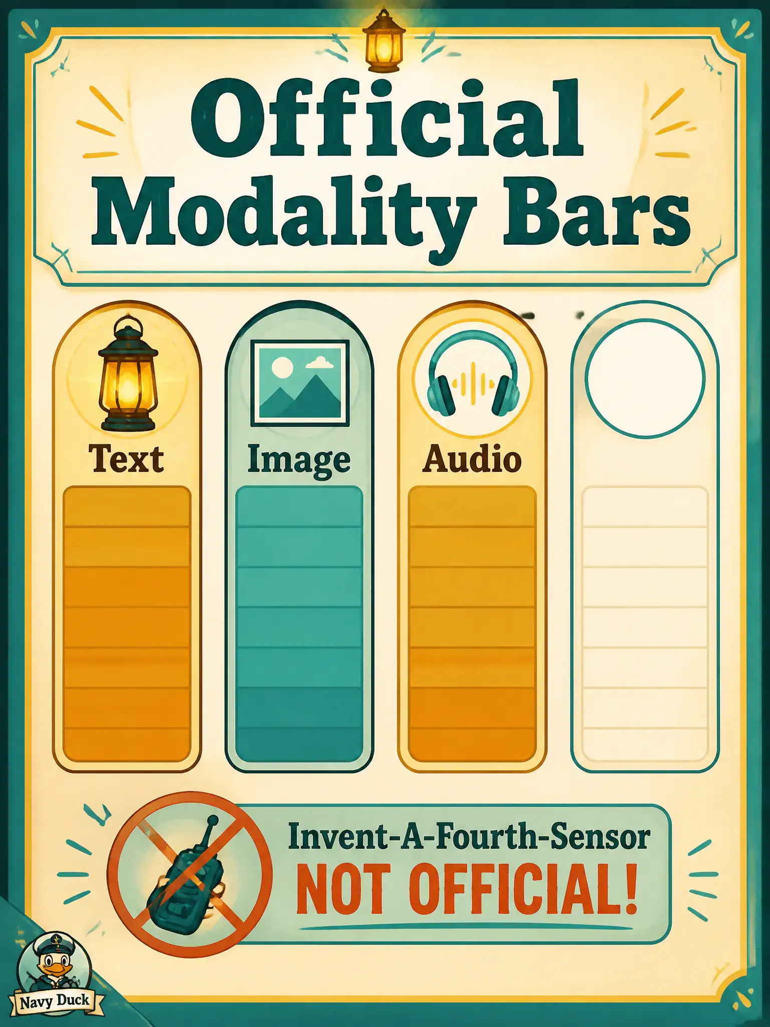 To Create an exciting colorful infographic that explains the concepts in the question: Question: A civic magic-lantern loft bars slides with spoken lecture, slides with only a title card, and empty trays. Leadership asks for a fourth unnamed sensor so the bars look full. What should the steward do? Correct Answer: Keep bars on the official text, image, and audio arms and treat empty bars as collection gaps. Put EVERY visible label in double quotes. No people. No A/B/C/D letters. In one of the four corners put a little "Navy Duck".