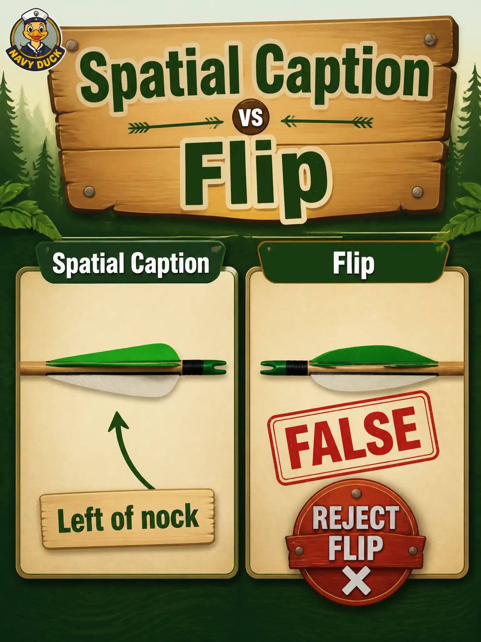 To Create an exciting colorful infographic that explains the concepts in the question: Question: A fletcher’s bench captions each still cock feather to the left of the nock. Someone mirrors every still to double the set. What should Domain 5 analysis conclude about that flip? Correct Answer: Reject the flip because the English spatial line would become false, and prefer an augmentation that does not rewrite left and right. Put EVERY visible label in double quotes. No people. No A/B/C/D letters. In one of the four corners put a little "Navy Duck".