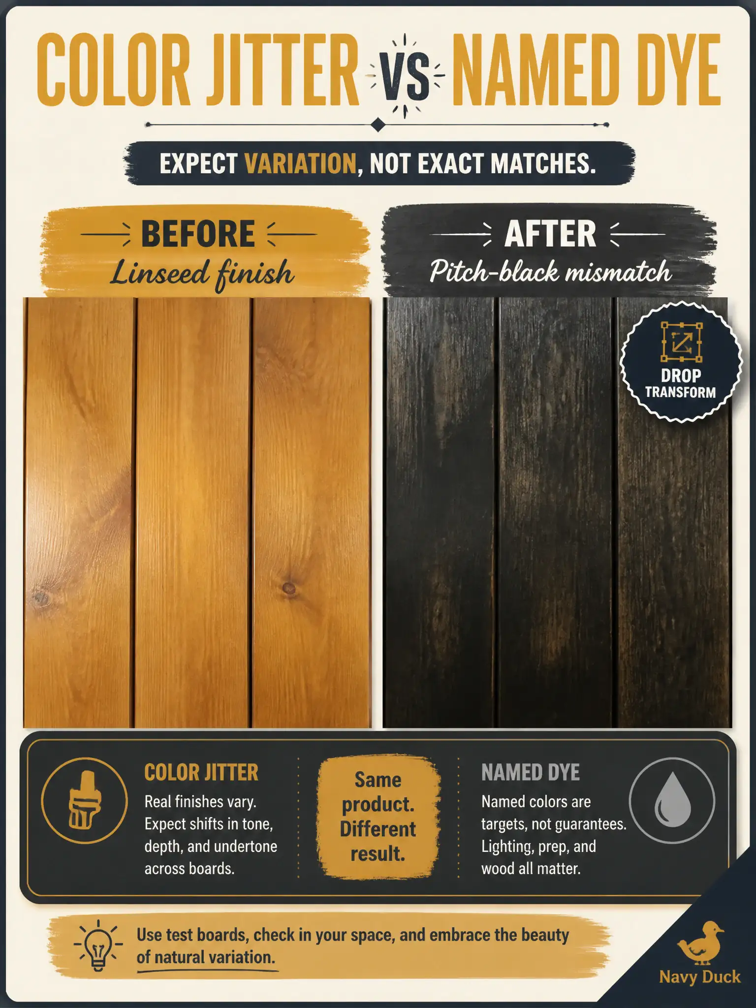 To Create an exciting colorful infographic that explains the concepts in the question: Question: A longbow tiller’s finish cards say linseed, not pitch-black. Heavy color jitter makes every tiller look tarred while the notes stay the same. What should the steward do? Correct Answer: Drop that color transform because the visual arm no longer matches the named finish attribute. Put EVERY visible label in double quotes. No people. No A/B/C/D letters. In one of the four corners put a little "Navy Duck".