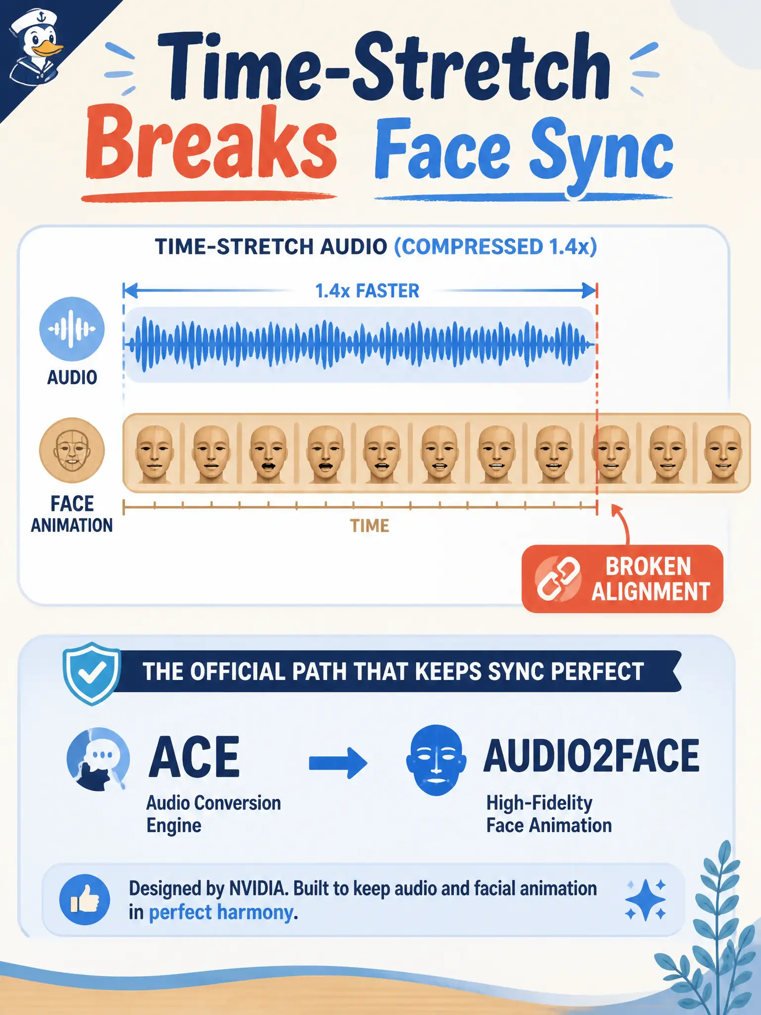 To Create an exciting colorful infographic that explains the concepts in the question: Question: A Windsor-chair loft may later drive ACE / Audio2Face from official additional material. A helper speeds every spoken clip 1.4× for more audio. Why is that a poor Domain 5 augmentation choice? Correct Answer: Because the speech no longer lines up with a face, so speech–face alignment on the avatar path breaks. Put EVERY visible label in double quotes. No people. No A/B/C/D letters. In one of the four corners put a little "Navy Duck".