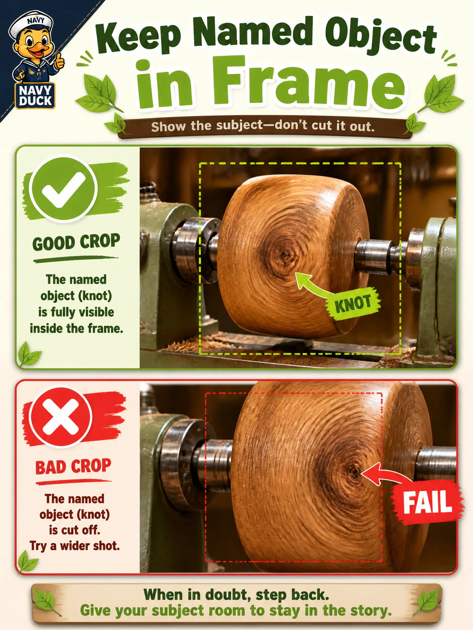 To Create an exciting colorful infographic that explains the concepts in the question: Question: A bodger’s pole-lathe cards say knot on the grain. Random center-crops often drop the knot from the frame. What does Domain 5 analysis recommend? Correct Answer: Use a milder or constrained crop so the still still contains the object the sentence names. Put EVERY visible label in double quotes. No people. No A/B/C/D letters. In one of the four corners put a little "Navy Duck".