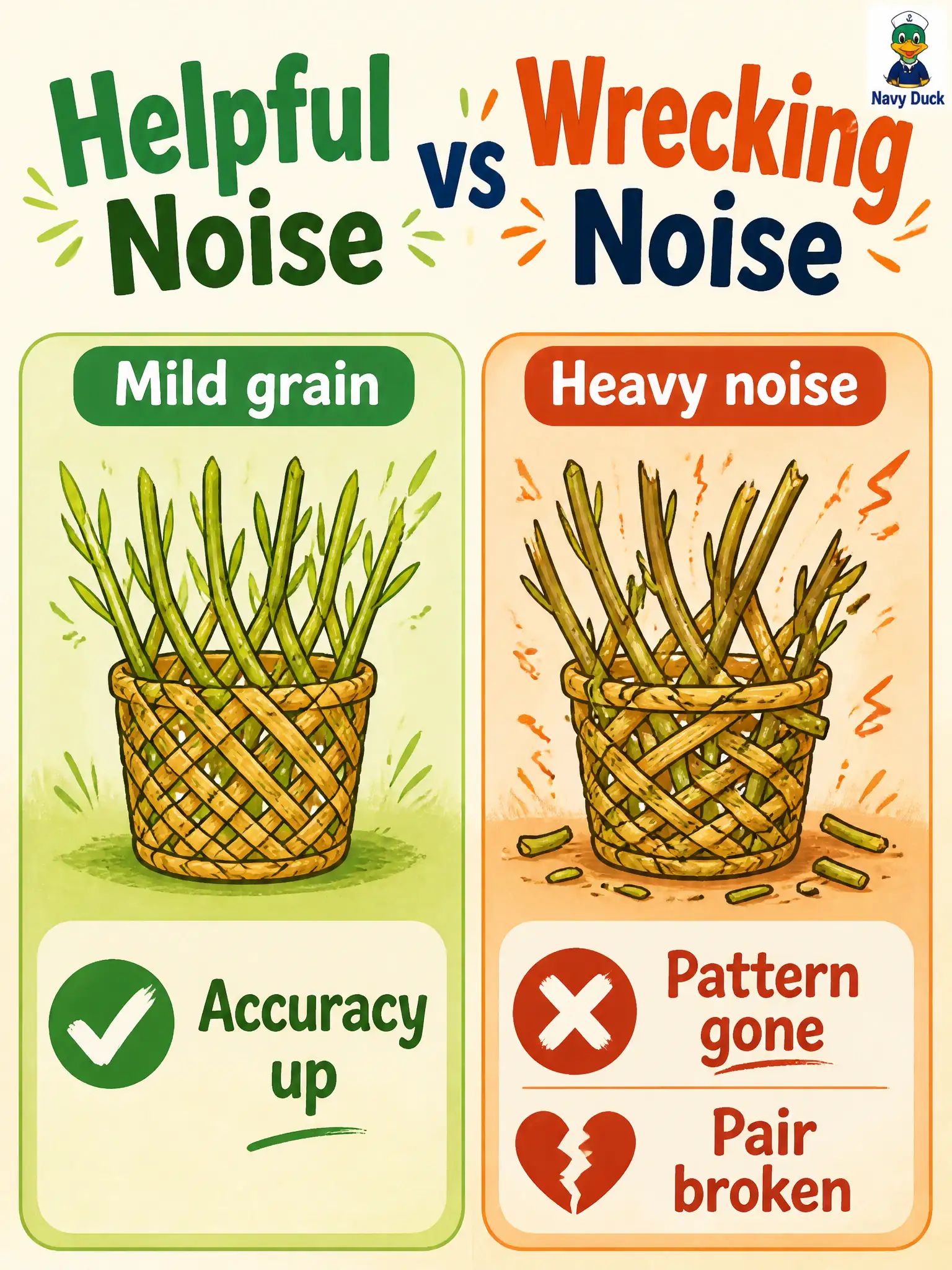 To Create an exciting colorful infographic that explains the concepts in the question: Question: A trug-maker’s shed finds mild grain on harvest stills lifts holdout accuracy, while heavy noise erases the willow pattern though captions still say tight weave. Which trial matches the official augment-to-improve idea? Correct Answer: Keep the mild trial where accuracy rose and pairs still match; discard the wrecking noise. Put EVERY visible label in double quotes. No people. No A/B/C/D letters. In one of the four corners put a little "Navy Duck".