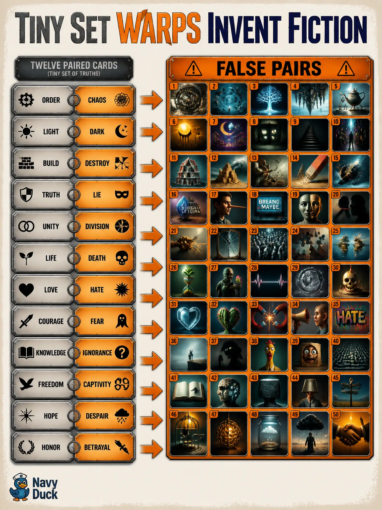 To Create an exciting colorful infographic that explains the concepts in the question: Question: A scythe-smith has twelve carefully paired quench stills and notes. An intern wants fifty random warps because augmentation always helps. What should Domain 5 analysis say? Correct Answer: Decline: with so few true pairs, heavy warps invent scenes the notes never described. Put EVERY visible label in double quotes. No people. No A/B/C/D letters. In one of the four corners put a little "Navy Duck".