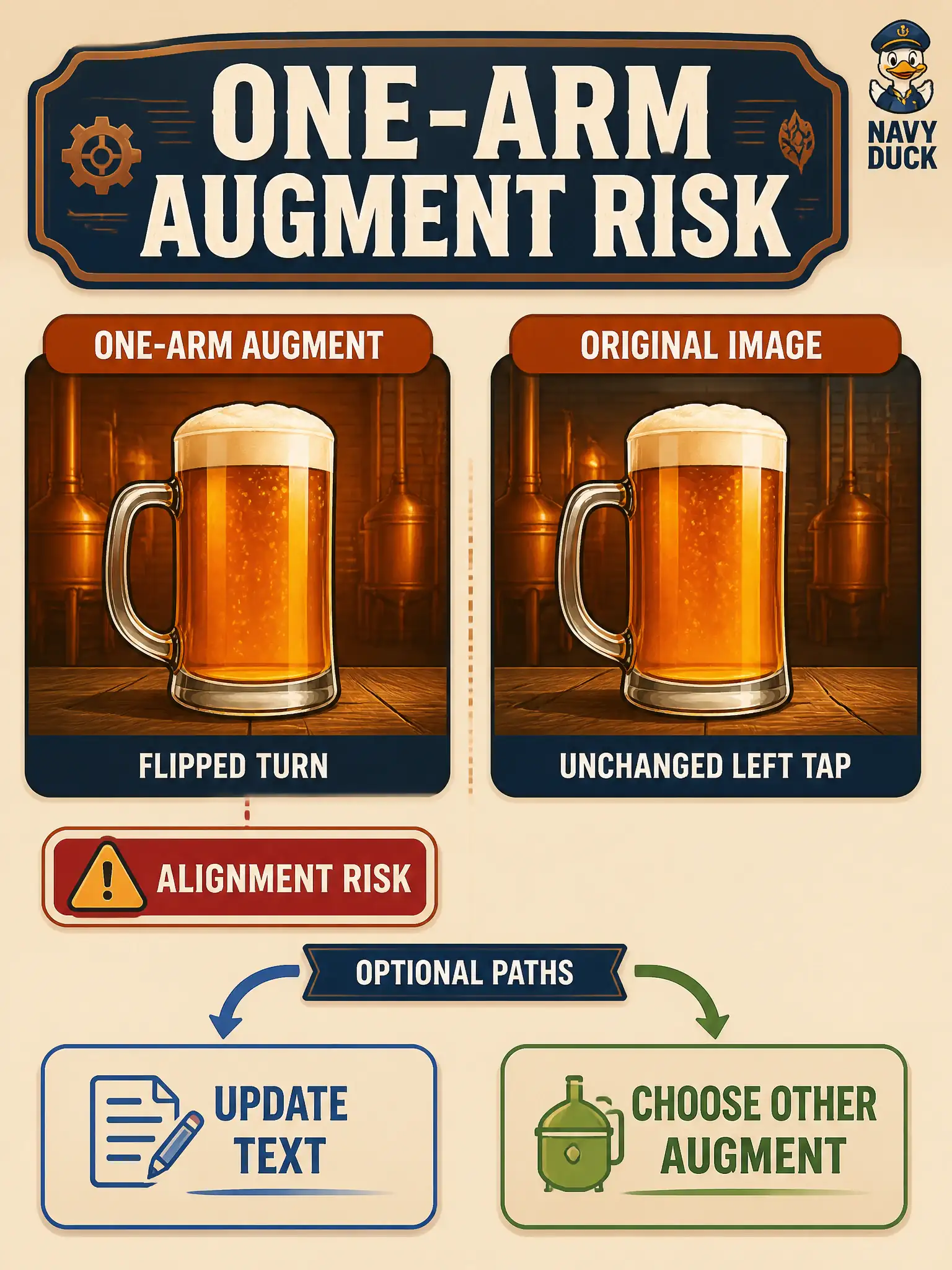 To Create an exciting colorful infographic that explains the concepts in the question: Question: A brew-house mash floor flips stills of the tun and leaves tasting sentences that say left tap running unchanged. How should that one-arm augmentation be analyzed? Correct Answer: As an alignment risk: either update those sentences or choose an augmentation that needs no text rewrite. Put EVERY visible label in double quotes. No people. No A/B/C/D letters. In one of the four corners put a little "Navy Duck".