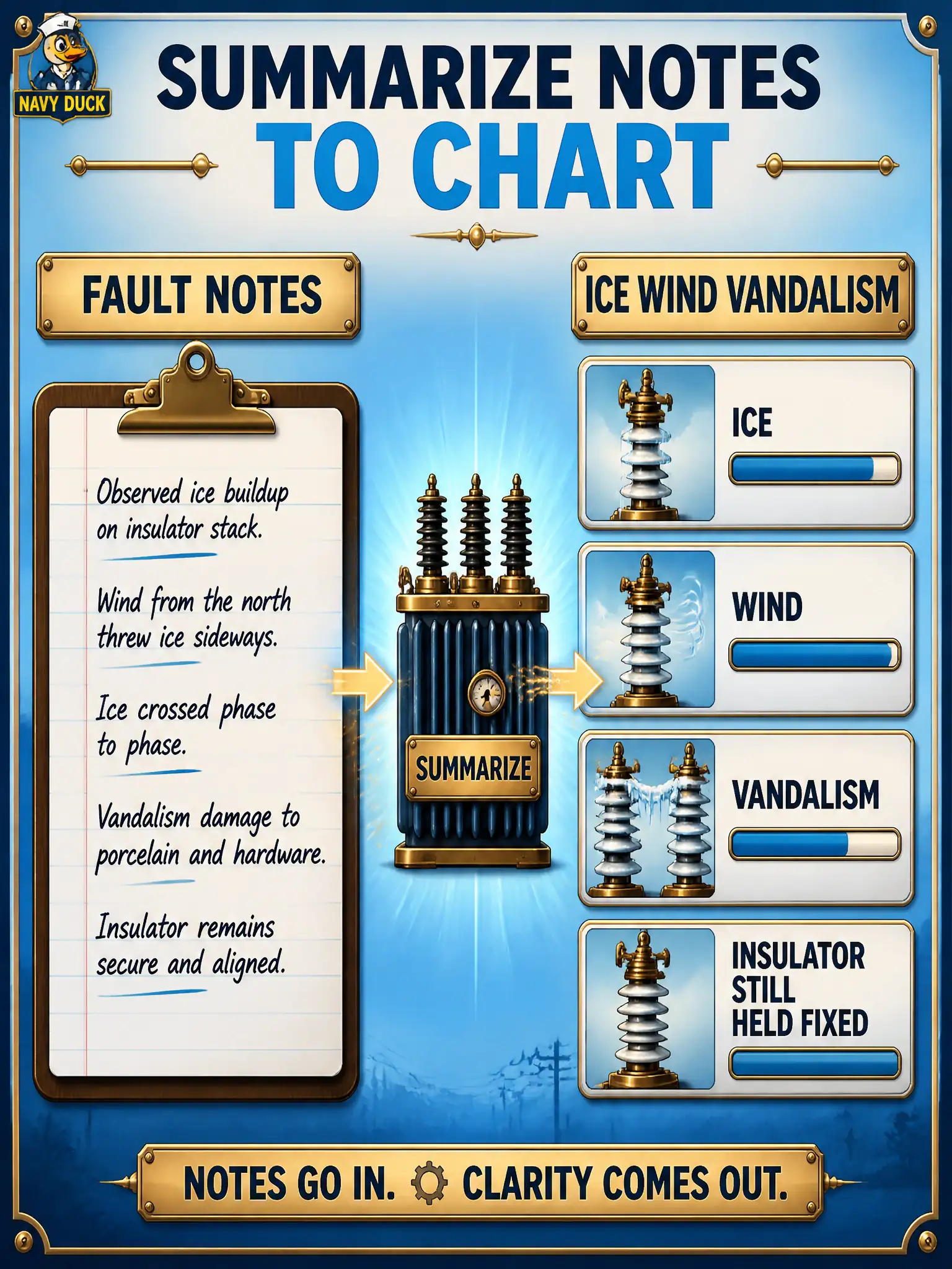 To Create an exciting colorful infographic that explains the concepts in the question: Question: A telegraph office has a week of typed fault notes clipped to insulator stills. A steward asks a transformer only to summarize themes so a chart of ice, wind, and vandalism can be drawn. What is that use? Correct Answer: Text analysis of the corpus so later charts have theme categories, not a new visual model. Put EVERY visible label in double quotes. No people. No A/B/C/D letters. In one of the four corners put a little "Navy Duck".