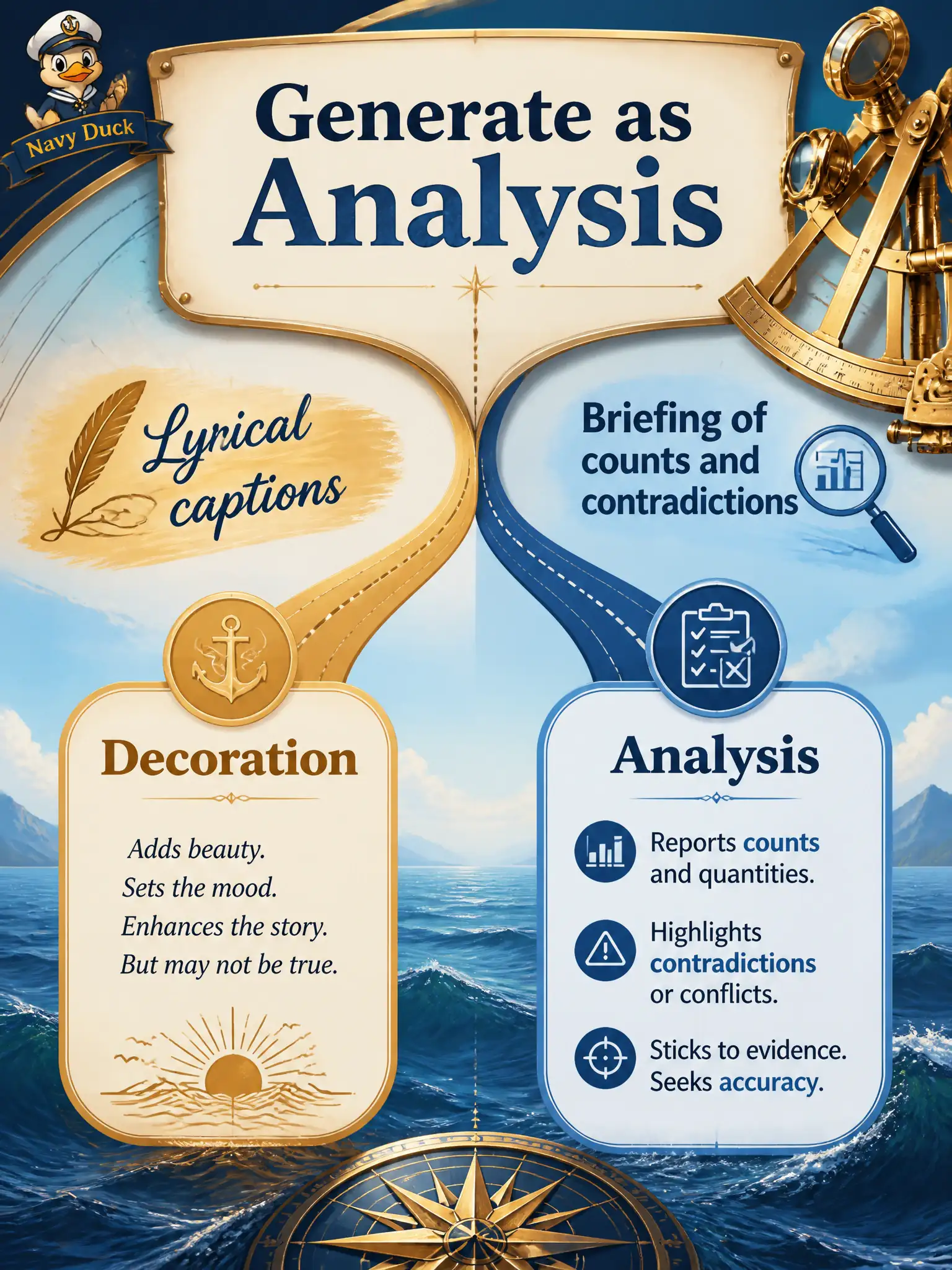 To Create an exciting colorful infographic that explains the concepts in the question: Question: A sextant loft wants a one-page briefing of what the paired notes actually contain. One intern asks the transformer to invent lyrical captions; another asks it to report counts and contradictions. Which request matches generate-as-analysis? Correct Answer: Generate a briefing that reports counts and contradictions in the existing text. Put EVERY visible label in double quotes. No people. No A/B/C/D letters. In one of the four corners put a little "Navy Duck".