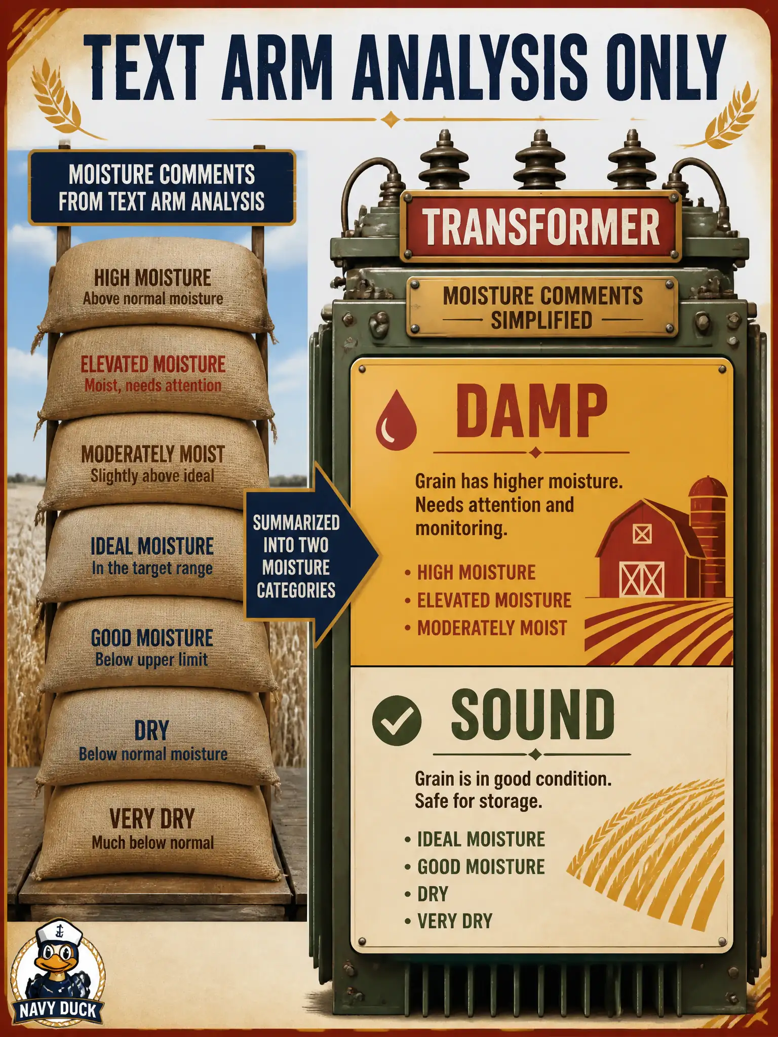 To Create an exciting colorful infographic that explains the concepts in the question: Question: A granary loft already filed every sack photo. Today they only want a transformer report on moisture comments so a steward can chart damp versus sound. What is the correct Domain 5 framing? Correct Answer: Hold the image arm fixed and use the transformer as the analysis tool for the text arm only. Put EVERY visible label in double quotes. No people. No A/B/C/D letters. In one of the four corners put a little "Navy Duck".