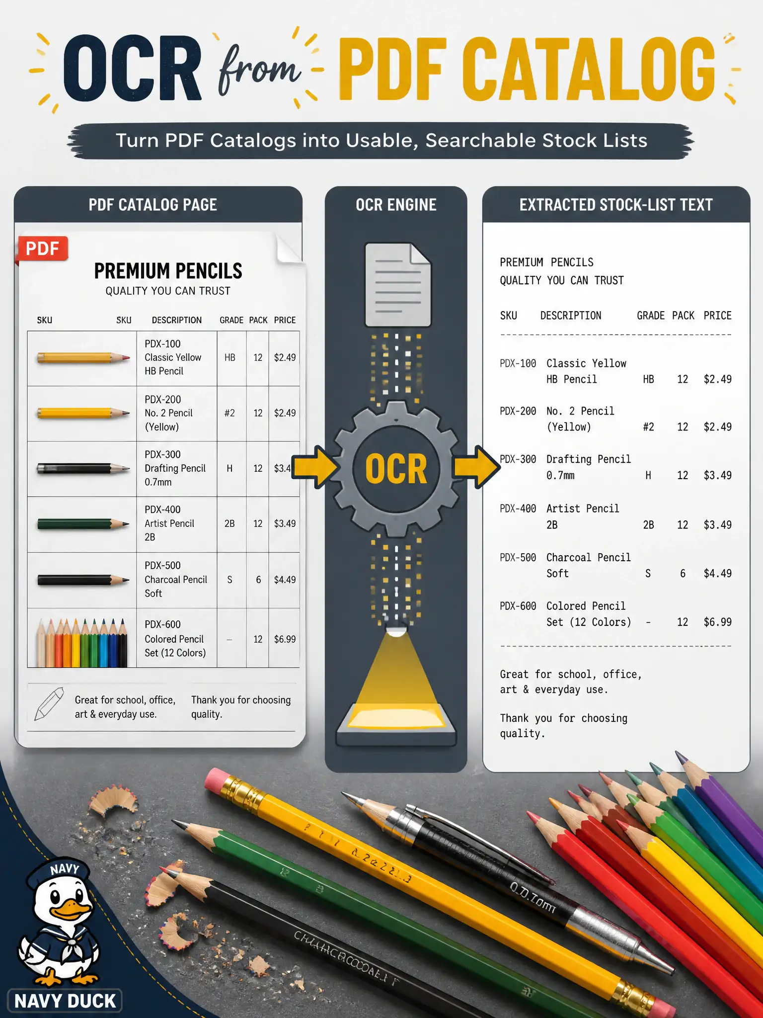 To Create an exciting colorful infographic that explains the concepts in the question: Question: A slate-pencil works has a bound PDF of old stock lists and a tray of pencil stills. What official Domain 5 path extracts the list text so it can be analyzed next to the stills? Correct Answer: Optical character recognition to pull analyzable text from the PDF catalog. Put EVERY visible label in double quotes. No people. No A/B/C/D letters. In one of the four corners put a little "Navy Duck".