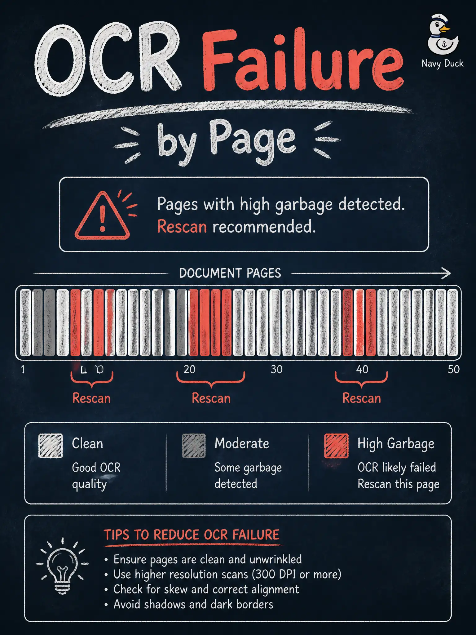 To Create an exciting colorful infographic that explains the concepts in the question: Question: A chalk-pit office runs OCR across a hundred-page PDF and shades pages with high garbage rates. What is that page chart for? Correct Answer: Document analysis that shows which scans need a cleaner OCR pass. Put EVERY visible label in double quotes. No people. No A/B/C/D letters. In one of the four corners put a little "Navy Duck".