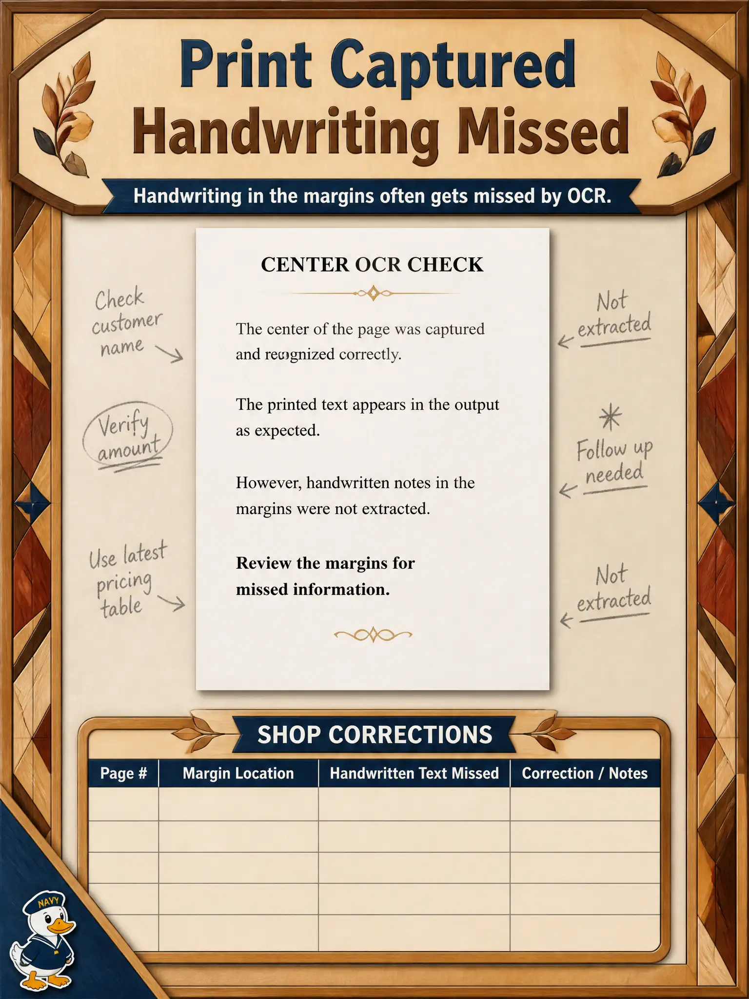 To Create an exciting colorful infographic that explains the concepts in the question: Question: A marquetry loft’s scanned PDF has clean type in the middle and pencil notes in the margins. OCR reads the type and drops the pencil. What analysis finding should the steward report? Correct Answer: That the handwritten arm was not extracted, so later charts of shop corrections will be empty. Put EVERY visible label in double quotes. No people. No A/B/C/D letters. In one of the four corners put a little "Navy Duck".