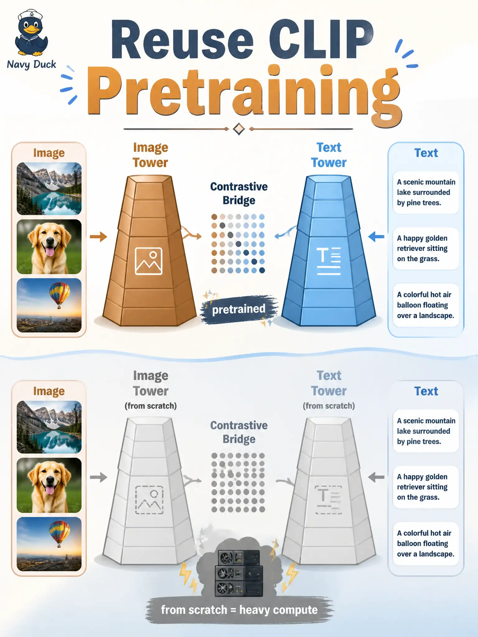 To Create an exciting colorful infographic that explains the concepts in the question: Question: A civic spyglass shop wants English lines to meet stills. One plan trains two encoders from nothing; another reuses contrastive language-image pretraining. Which start is the transfer-learning win? Correct Answer: Reuse official CLIP weights as a transferable English–image starting point and adapt from there. Put EVERY visible label in double quotes. No people. No A/B/C/D letters. In one of the four corners put a little "Navy Duck".