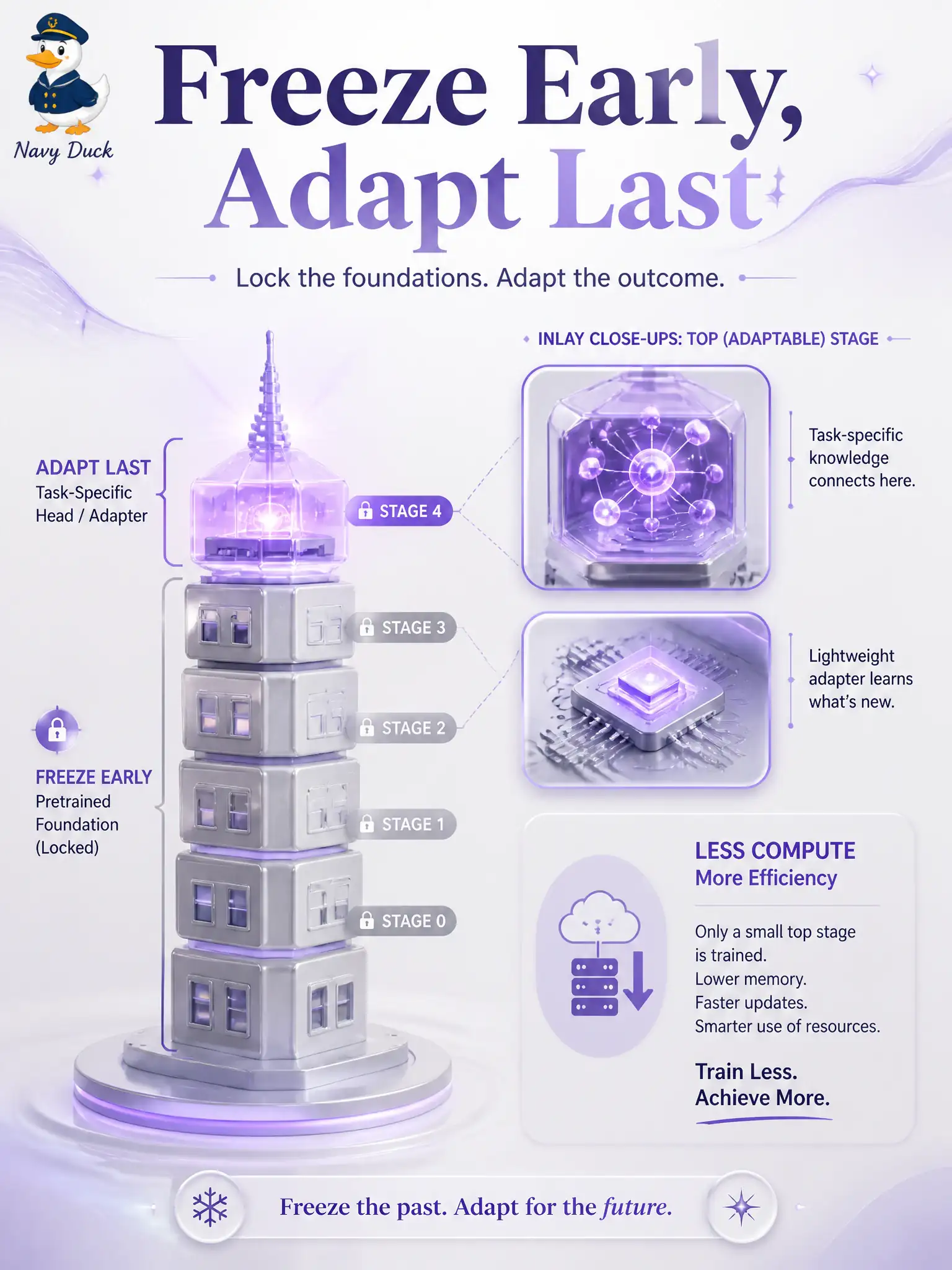 To Create an exciting colorful infographic that explains the concepts in the question: Question: A mother-of-pearl inlay loft reuses a pretrained stills stack. How should they adapt it with less computation than updating every layer? Correct Answer: Freeze the early filters and train only the last stage on the inlay close-ups. Put EVERY visible label in double quotes. No people. No A/B/C/D letters. In one of the four corners put a little "Navy Duck".