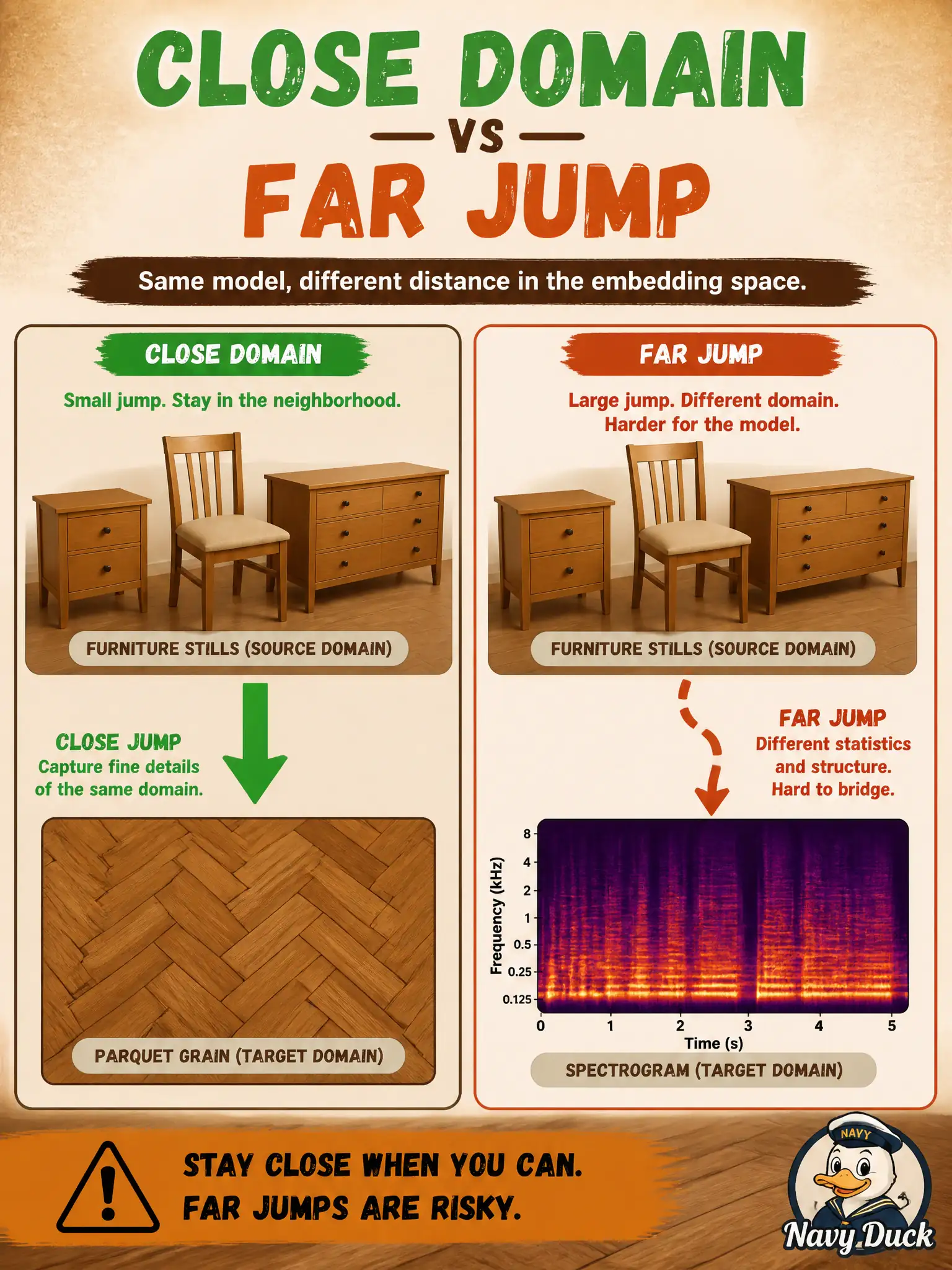 To Create an exciting colorful infographic that explains the concepts in the question: Question: A parquetry floor shop has a pretrained furniture-stills model. Where should transfer be expected to help, and where should it not? Correct Answer: Expect help on parquet close-ups (close visual domain) but not on kettle spectrograms (far jump). Put EVERY visible label in double quotes. No people. No A/B/C/D letters. In one of the four corners put a little "Navy Duck".