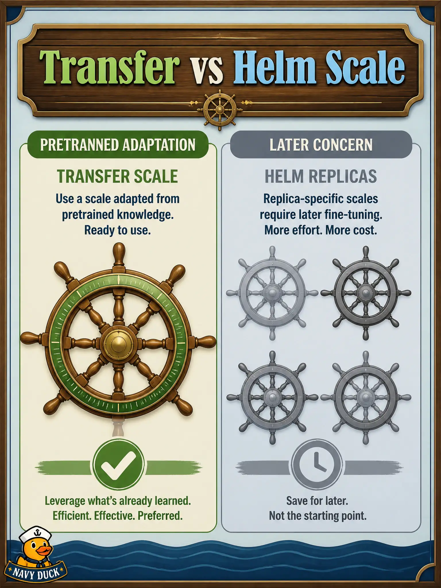 To Create an exciting colorful infographic that explains the concepts in the question: Question: A treen-turner’s vision model is already adapted and accurate on one bench. An intern opens a Kubernetes values file “to do performance.” What should today’s job stay focused on? Correct Answer: Keep the job on transfer-learning efficiency and leave replica scale to the Helm group when traffic—not model fit—is the issue. Put EVERY visible label in double quotes. No people. No A/B/C/D letters. In one of the four corners put a little "Navy Duck".