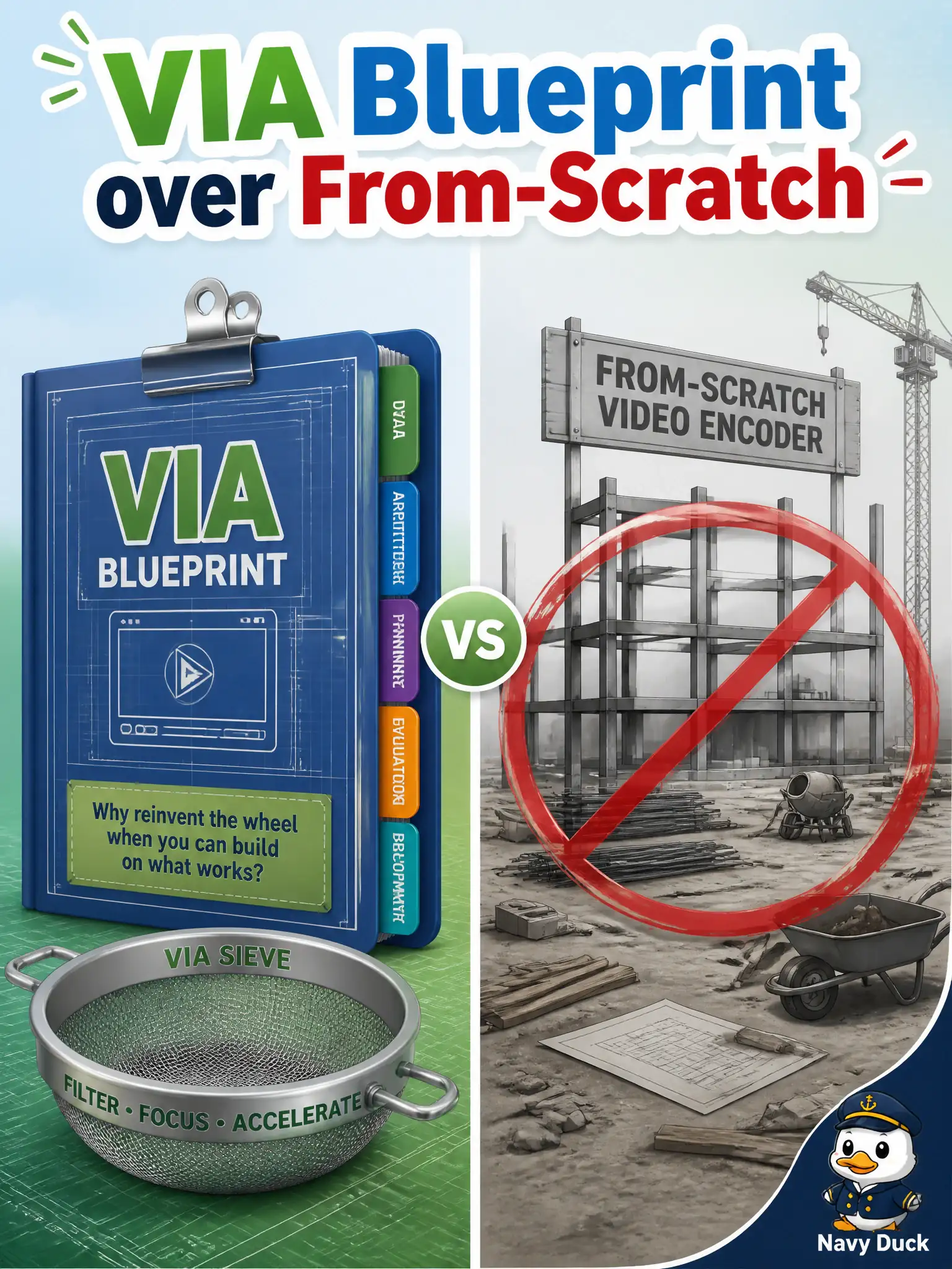 To Create an exciting colorful infographic that explains the concepts in the question: Question: A sieve-maker has a short assembly clip and a typed question and will customize an NVIDIA AI Blueprint with VIA. A volunteer starts a from-scratch video encoder. What should the candidate do? Correct Answer: Stay with the official VIA Blueprint path (transfer and reuse) instead of training a video encoder from nothing. Put EVERY visible label in double quotes. No people. No A/B/C/D letters. In one of the four corners put a little "Navy Duck".