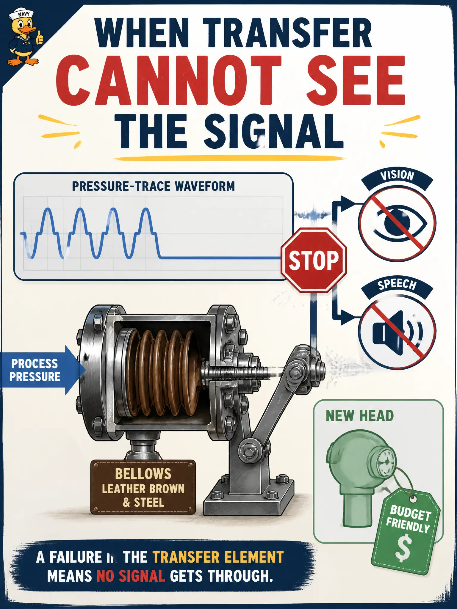 To Create an exciting colorful infographic that explains the concepts in the question: Question: A bellows shop records a shop-only pressure trace that no pretrained stills or speech model has ever seen. What is the honest call? Correct Answer: Do not pretend an image encoder will read that trace; budget a small from-scratch head on the new signal. Put EVERY visible label in double quotes. No people. No A/B/C/D letters. In one of the four corners put a little "Navy Duck".