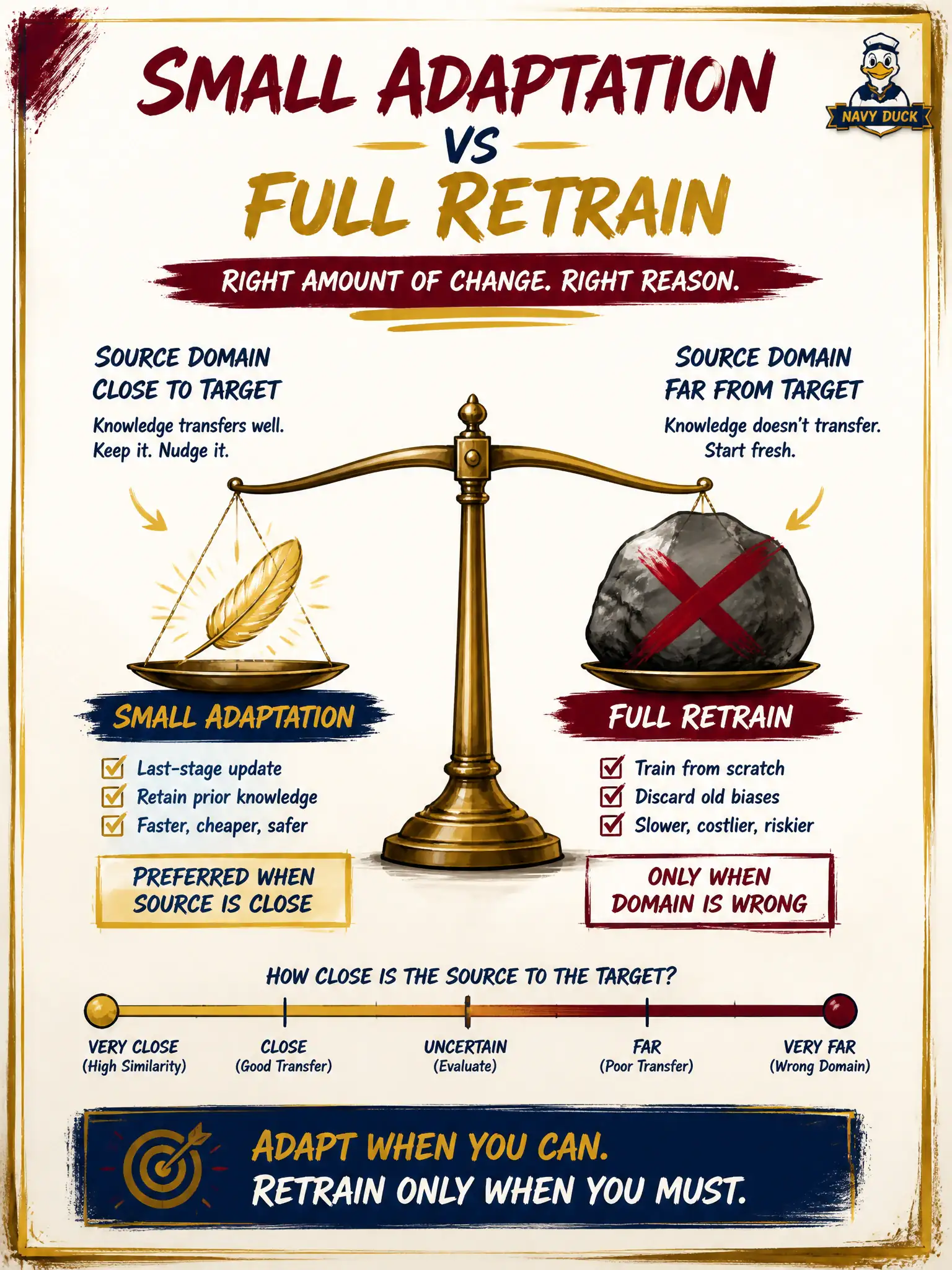 To Create an exciting colorful infographic that explains the concepts in the question: Question: A coach-painter already has a pretrained stills model that nearly matches shop pigments. They can adapt a small last stage or retrain every weight. Which choice is the official less-computation path when the source is close? Correct Answer: Adapt the small last stage rather than retraining every weight. Put EVERY visible label in double quotes. No people. No A/B/C/D letters. In one of the four corners put a little "Navy Duck".