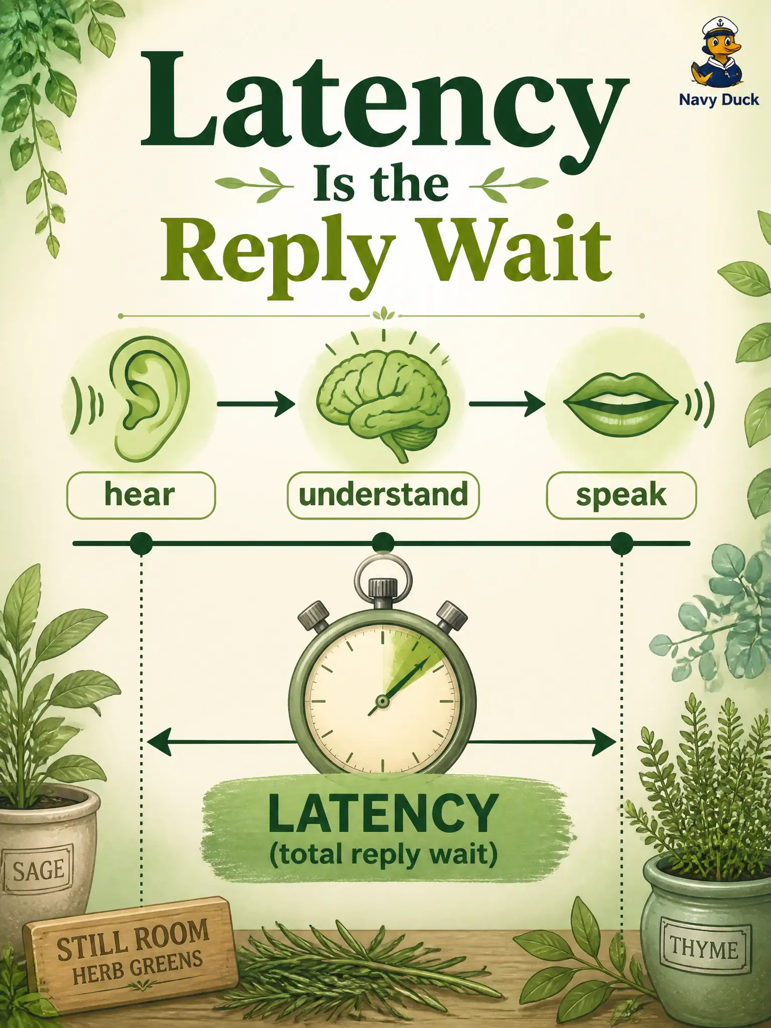 To Create an exciting colorful infographic that explains the concepts in the question: Question: A still-room kiosk hears a visitor and should speak before they walk away. The steward times hear → understand → speak. What is that end-to-end wait called? Correct Answer: Latency — the conversational delay to optimize for an interactive reply. Put EVERY visible label in double quotes. No people. No A/B/C/D letters. In one of the four corners put a little "Navy Duck".