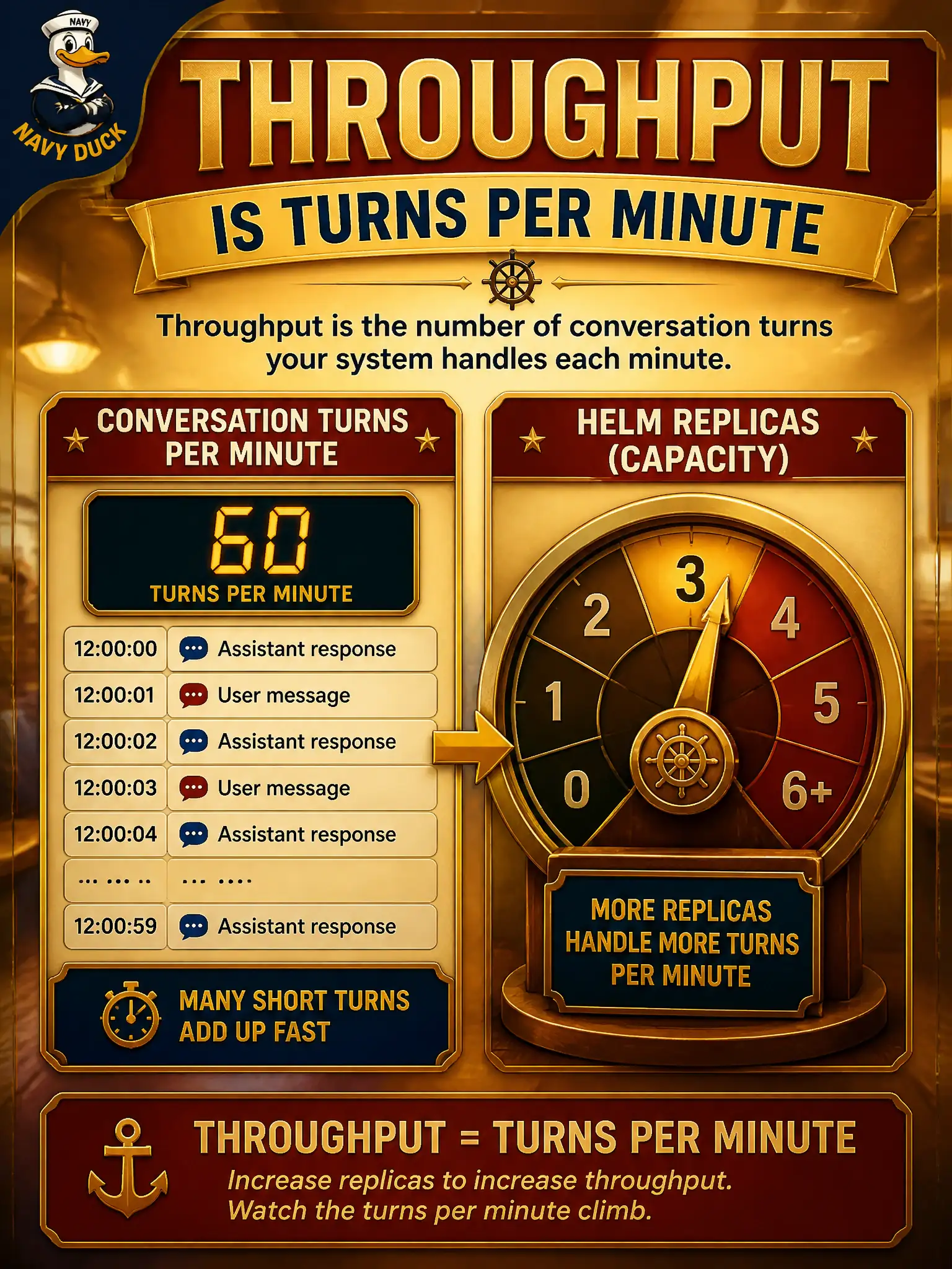 To Create an exciting colorful infographic that explains the concepts in the question: Question: A refectory visitor desk survives a feast-day line only if many short turns finish each minute. What should the candidate call that rate, and where should they look first? Correct Answer: Throughput — completed conversational turns per unit time; look at Helm replica count rather than rewriting the fusion type. Put EVERY visible label in double quotes. No people. No A/B/C/D letters. In one of the four corners put a little "Navy Duck".
