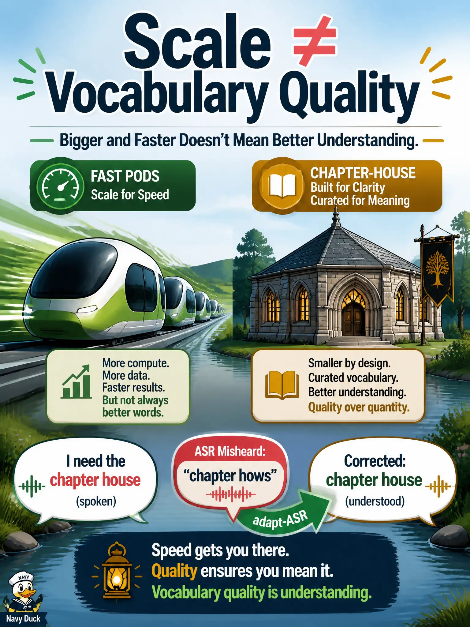 To Create an exciting colorful infographic that explains the concepts in the question: Question: A chapter-house booth is fast after extra pods but still hears “misericord” as “mercy cord.” What should the candidate conclude? Correct Answer: Scale does not fix recognition quality; ASR adaptation or transfer is still required, and the wrong word is not a latency bug. Put EVERY visible label in double quotes. No people. No A/B/C/D letters. In one of the four corners put a little "Navy Duck".
