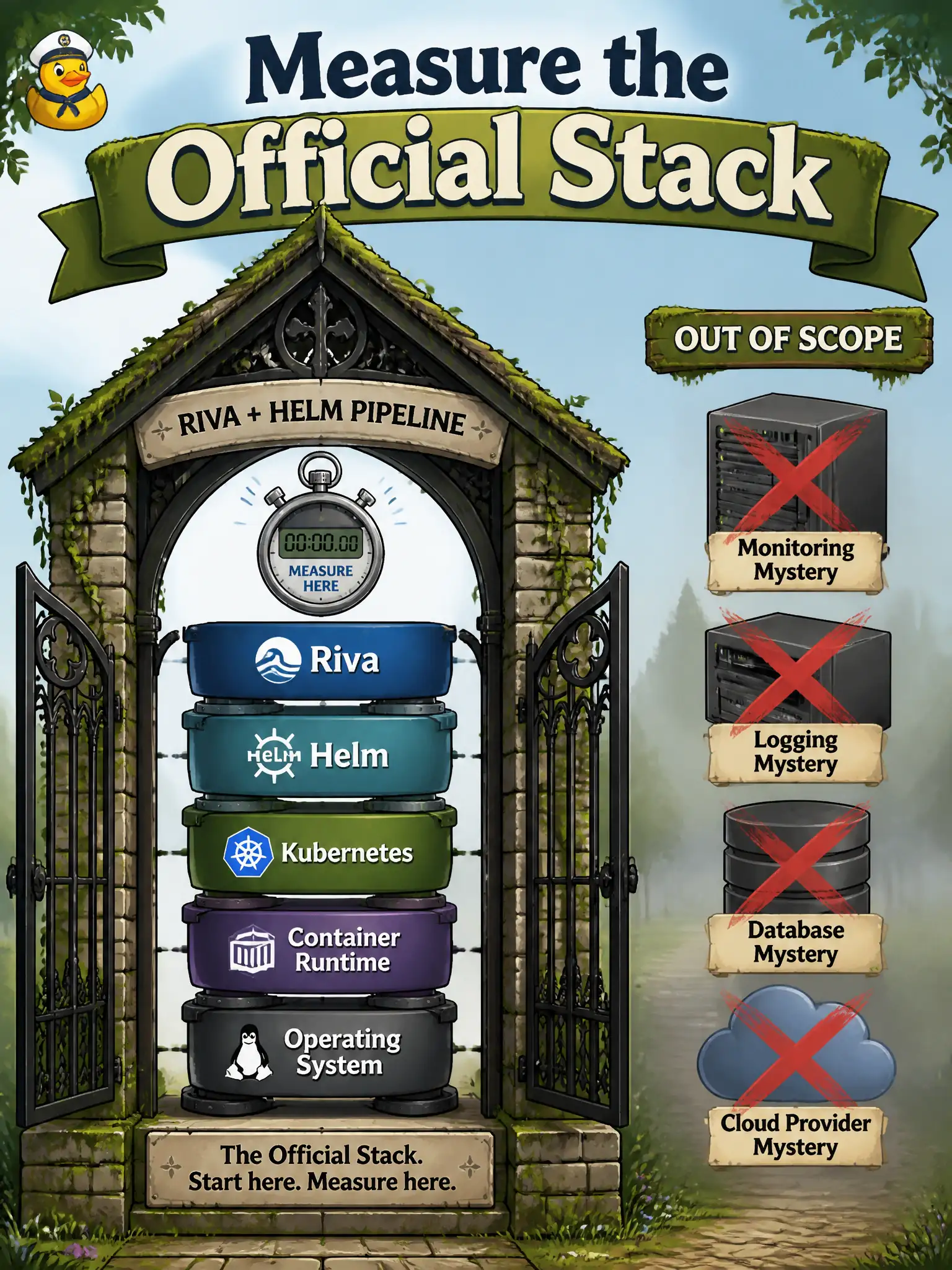 To Create an exciting colorful infographic that explains the concepts in the question: Question: A lych-gate greeter is live on the conversational Helm chart. An intern wants to “drop in” an unnamed third-party server for speed. What should the candidate do? Correct Answer: Measure latency and throughput on the official Riva-on-Helm path and do not invent Triton, NIM, or another serving product. Put EVERY visible label in double quotes. No people. No A/B/C/D letters. In one of the four corners put a little "Navy Duck".