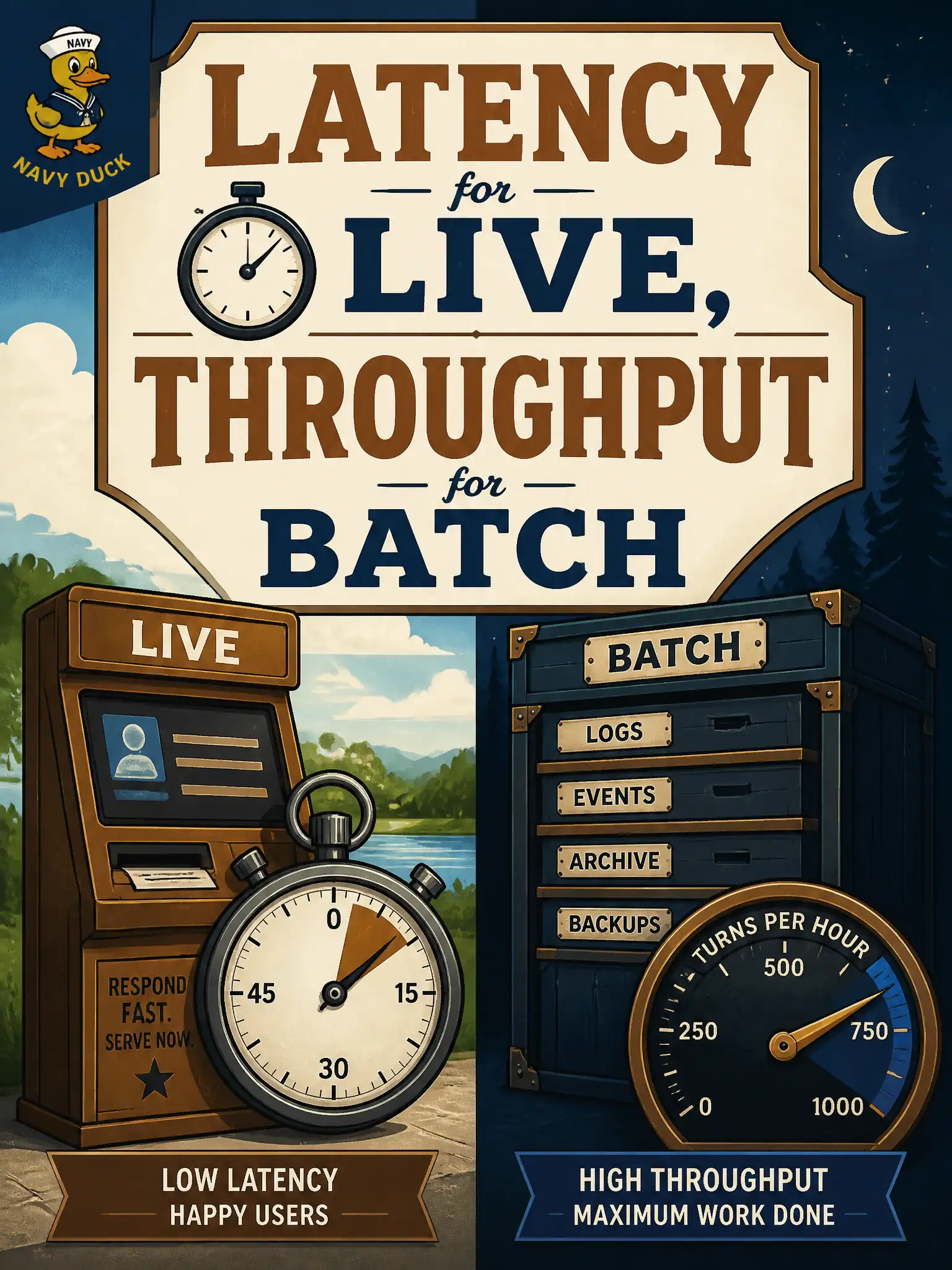 To Create an exciting colorful infographic that explains the concepts in the question: Question: A porter’s lodge must answer live, while a night job captions a week of archive speech. How should targets be assigned? Correct Answer: Give the live path a latency target and the archive path a throughput target; do not force both through the same replica-count story. Put EVERY visible label in double quotes. No people. No A/B/C/D letters. In one of the four corners put a little "Navy Duck".