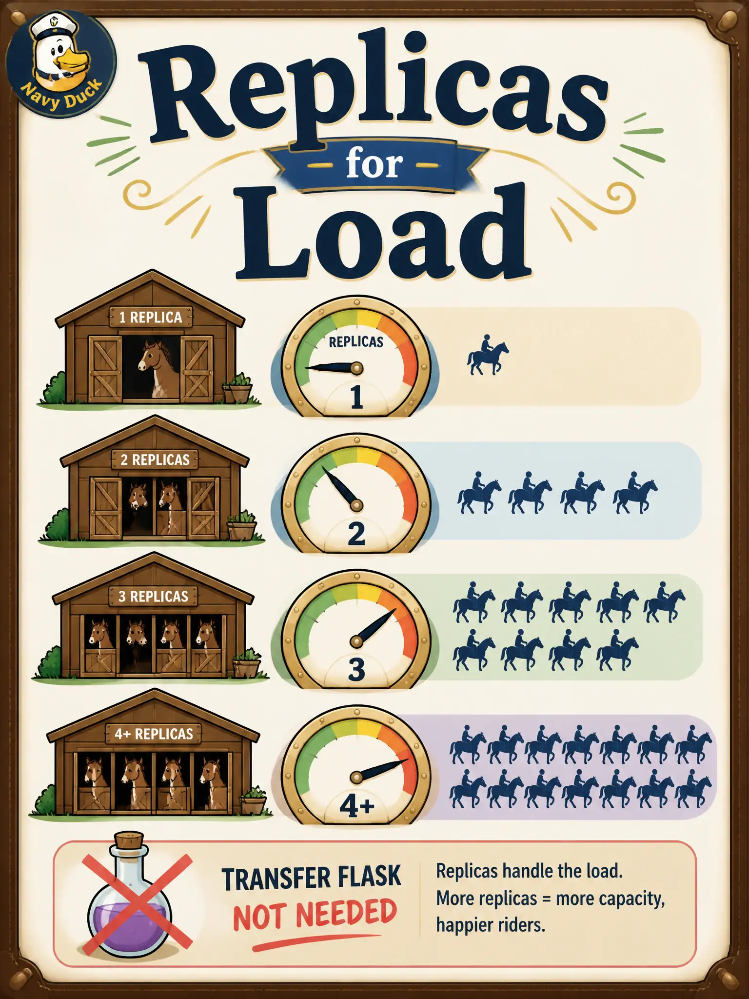 To Create an exciting colorful infographic that explains the concepts in the question: Question: A posting-house desk keeps the same adapted models; only the line of riders grew. What should the candidate change? Correct Answer: Increase replica count in the chart to recover throughput without starting a new transfer-learning run. Put EVERY visible label in double quotes. No people. No A/B/C/D letters. In one of the four corners put a little "Navy Duck".