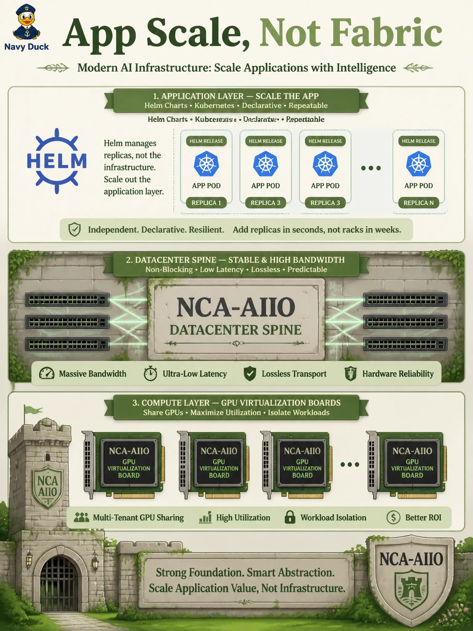 To Create an exciting colorful infographic that explains the concepts in the question: Question: A gatehouse intern starts drawing spine fabrics and GPU virtualization “because Kubernetes.” Where should the candidate keep the work? Correct Answer: On associate Helm-scale of the conversational app, leaving datacenter fabric and GPU virtualization to NCA-AIIO. Put EVERY visible label in double quotes. No people. No A/B/C/D letters. In one of the four corners put a little "Navy Duck".