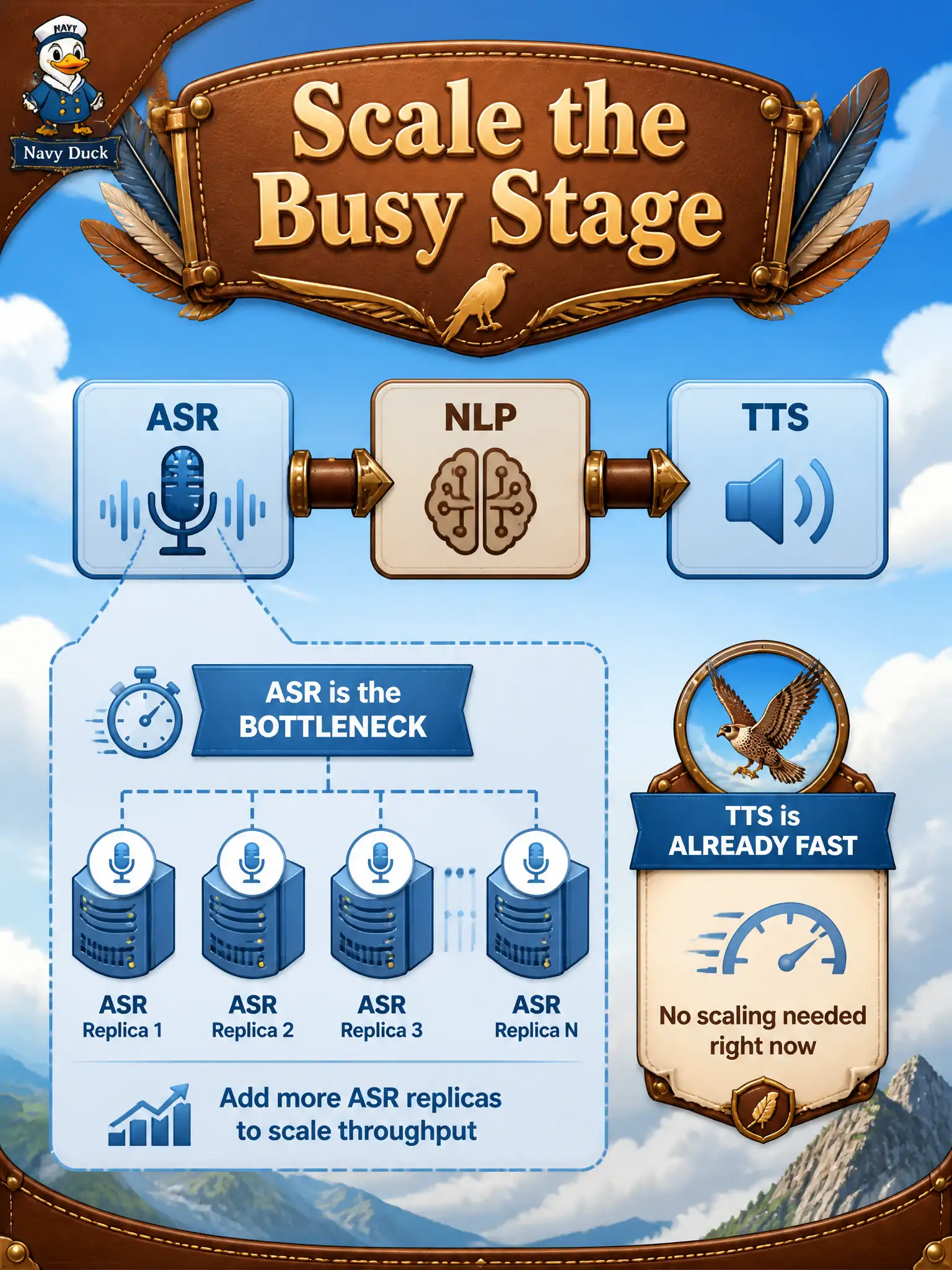 To Create an exciting colorful infographic that explains the concepts in the question: Question: A falconry mews booth is slow in recognition, not in speech. Spoken replies are already instant. What should the candidate scale? Correct Answer: Add ASR replicas (or capacity on the busy recognition stage) rather than blindly multiplying TTS. Put EVERY visible label in double quotes. No people. No A/B/C/D letters. In one of the four corners put a little "Navy Duck".