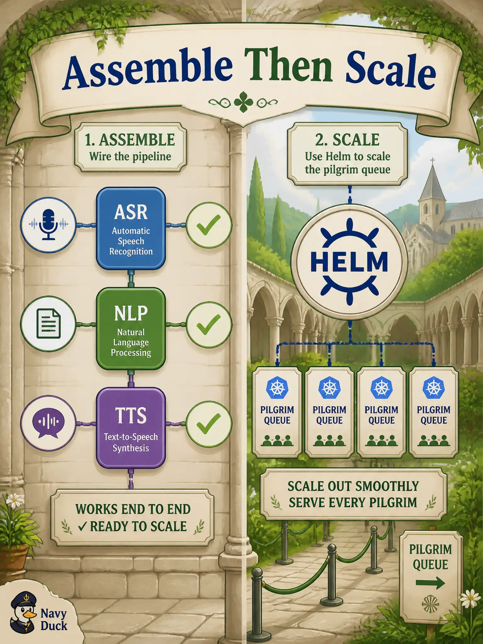 To Create an exciting colorful infographic that explains the concepts in the question: Question: A cloister booth already wired Riva ASR, NLP, and TTS in a framework project. Today pilgrims queue. What step is next? Correct Answer: Move from implementation to the Helm/Kubernetes performance step to scale the working pipeline. Put EVERY visible label in double quotes. No people. No A/B/C/D letters. In one of the four corners put a little "Navy Duck".