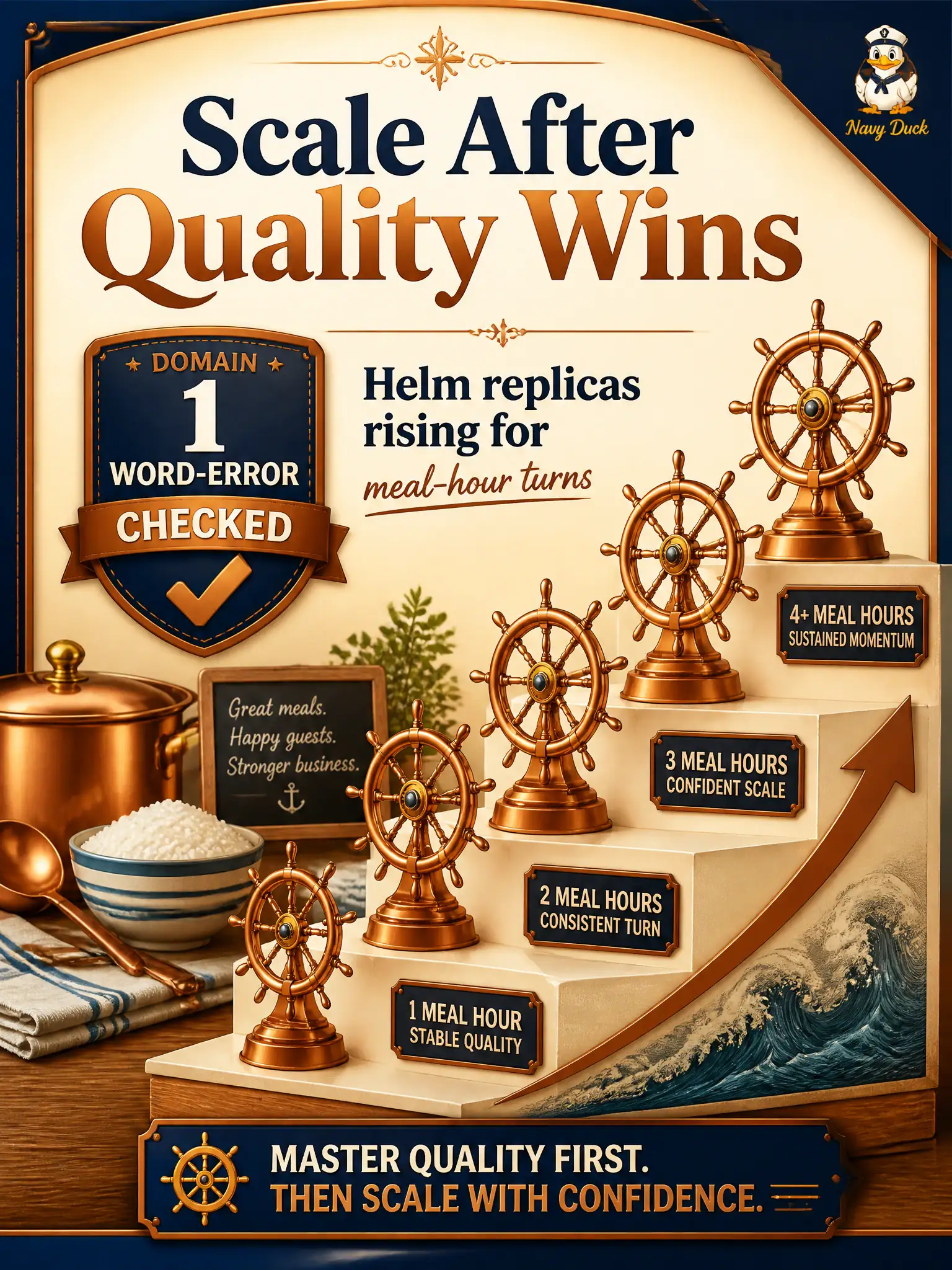 To Create an exciting colorful infographic that explains the concepts in the question: Question: A buttery hatch already beat its word-error target in Domain 1. Meal hour now triples turns. What should the candidate do? Correct Answer: Use the Helm chart to scale for load rather than reopening the experimental vocabulary notebook. Put EVERY visible label in double quotes. No people. No A/B/C/D letters. In one of the four corners put a little "Navy Duck".