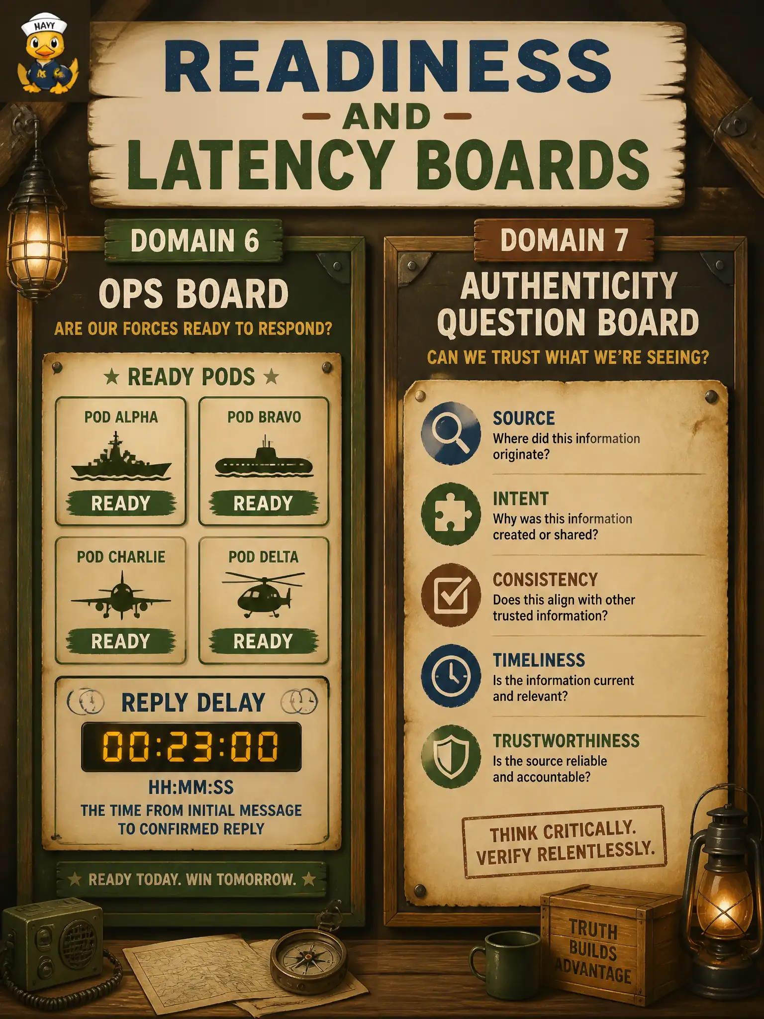 To Create an exciting colorful infographic that explains the concepts in the question: Question: A root-cellar tour chart is live. One board shows pod readiness and reply delay; another asks “is the voice a real steward?” Which board is Domain 6? Correct Answer: The board with pod readiness and reply delay — scale metrics, not a trust or authenticity rubric. Put EVERY visible label in double quotes. No people. No A/B/C/D letters. In one of the four corners put a little "Navy Duck".
