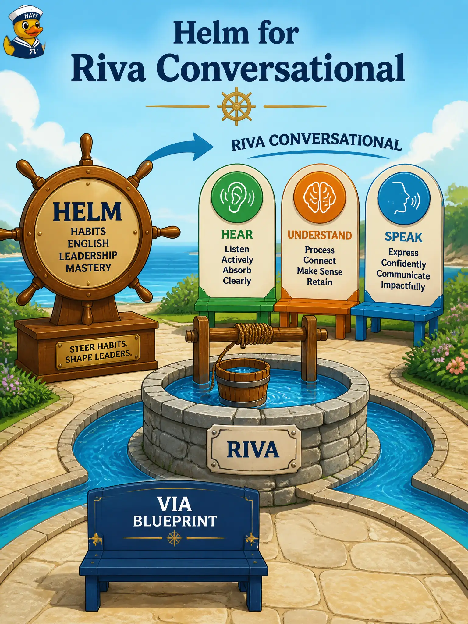 To Create an exciting colorful infographic that explains the concepts in the question: Question: A well-house customized an NVIDIA AI Blueprint with VIA and it answers on one bench. Someone opens a conversational Helm chart “because video should scale the same way.” What is the correct scope? Correct Answer: Keep the official Helm/Kubernetes skill on the Riva conversational app; leave VIA as initials and do not invent a video-scale product. Put EVERY visible label in double quotes. No people. No A/B/C/D letters. In one of the four corners put a little "Navy Duck".
