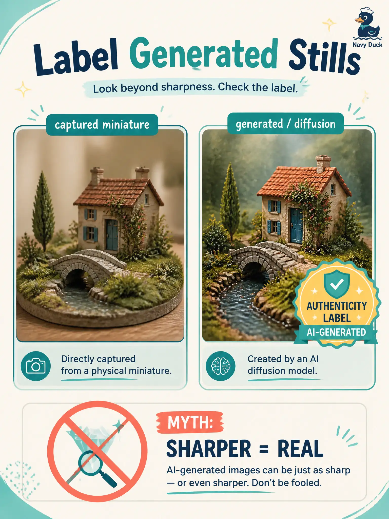 To Create an exciting colorful infographic that explains the concepts in the question: Question: A portrait-miniature gallery hangs a diffusion render beside a real ivory miniature. Visitors treat the sharper frame as painted from life. What should the studio do for content authenticity? Correct Answer: Label the diffusion still as generated so visitors know it was synthesized, not painted from life. Put EVERY visible label in double quotes. No people. No A/B/C/D letters. In one of the four corners put a little "Navy Duck".