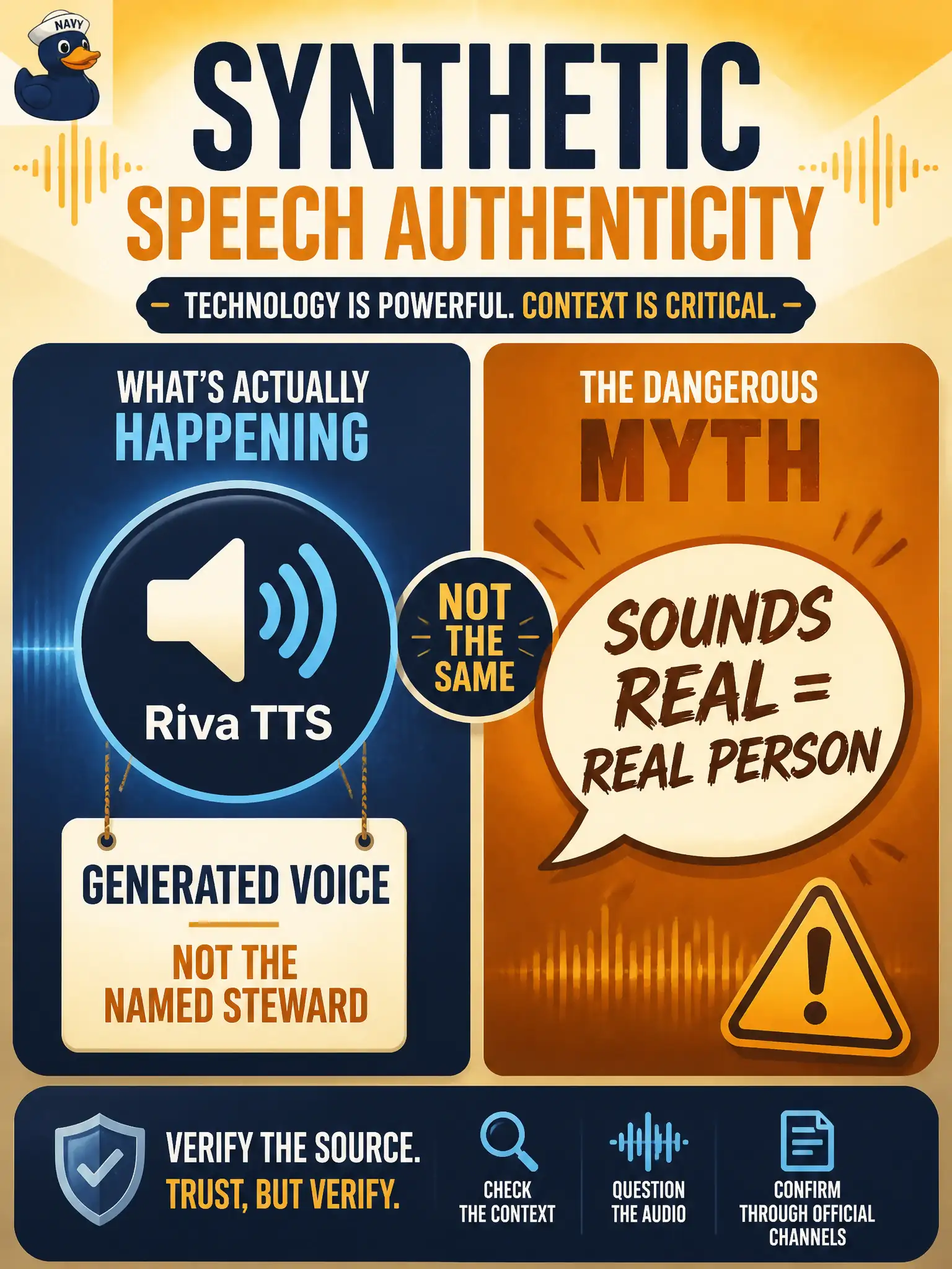 To Create an exciting colorful infographic that explains the concepts in the question: Question: A wax-figure workshop plays Riva TTS that visitors hear as a living guide naming a real steward. What is the authenticity concern? Correct Answer: Whether the synthetic speech is disclosed as generated and must not be presented as that named person speaking. Put EVERY visible label in double quotes. No people. No A/B/C/D letters. In one of the four corners put a little "Navy Duck".
