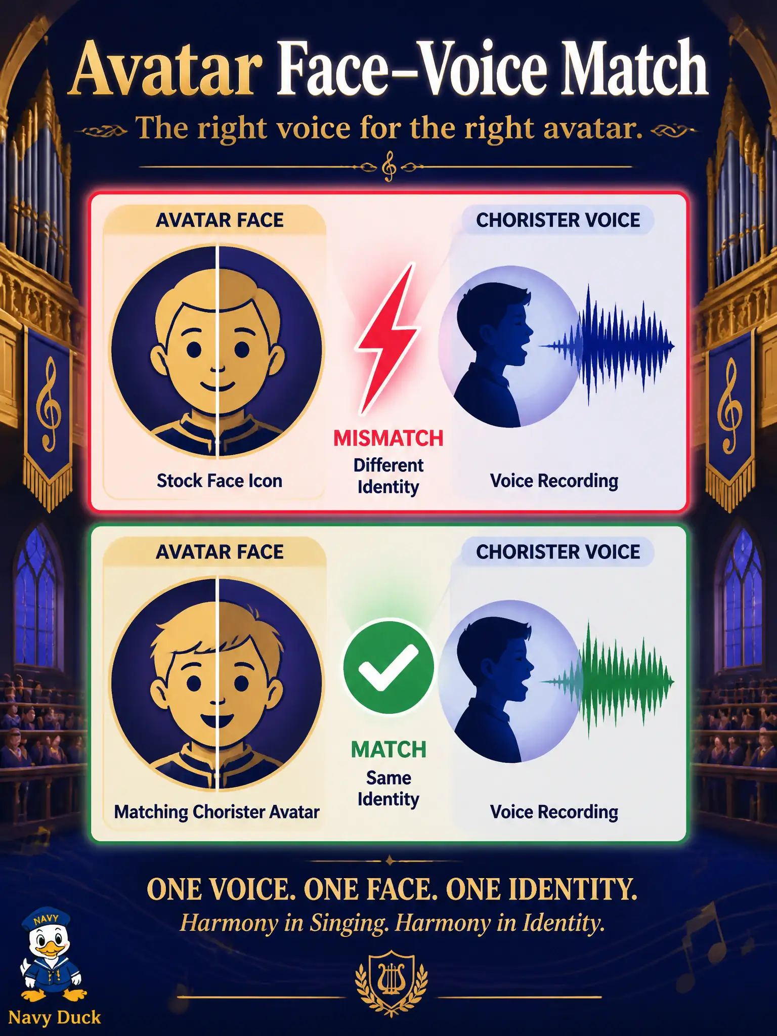 To Create an exciting colorful infographic that explains the concepts in the question: Question: A choir-loft kiosk drives an ACE talking face with Audio2Face while the voice was adapted from a chorister and the face is a stock figure. What should the candidate flag? Correct Answer: An authenticity mismatch: the avatar’s face or voice is not the source person being presented. Put EVERY visible label in double quotes. No people. No A/B/C/D letters. In one of the four corners put a little "Navy Duck".