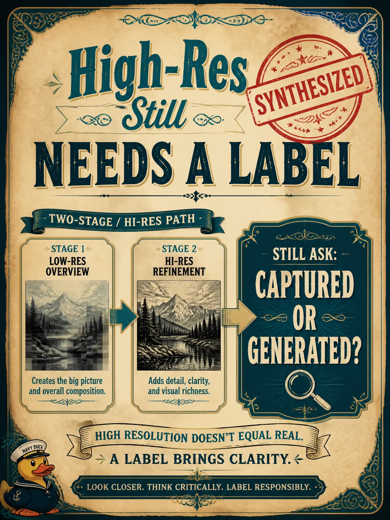 To Create an exciting colorful infographic that explains the concepts in the question: Question: A town-crier poster was grown through a two-stage latent high-resolution path and looks like a period broadside. What authenticity step still applies? Correct Answer: Disclose that the still was synthesized and keep that answer visible to readers, even when it looks period-perfect. Put EVERY visible label in double quotes. No people. No A/B/C/D letters. In one of the four corners put a little "Navy Duck".