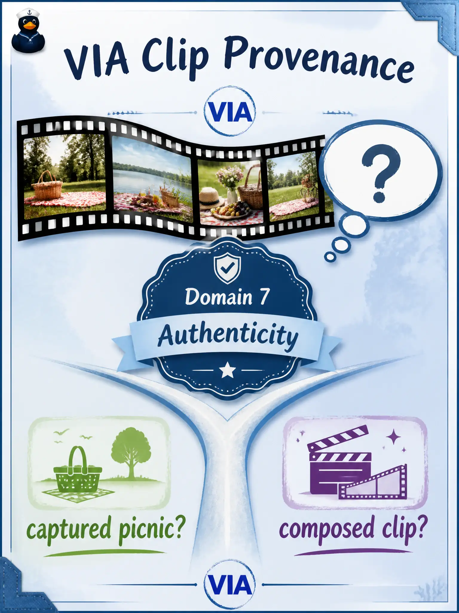 To Create an exciting colorful infographic that explains the concepts in the question: Question: A family-album scanner sends a short clip plus a question through an NVIDIA AI Blueprint with VIA. A relative asks whether the clip is the real picnic. How should the candidate treat that question? Correct Answer: As a Domain 7 authenticity question about whether the video arm’s clip was captured or composed. Put EVERY visible label in double quotes. No people. No A/B/C/D letters. In one of the four corners put a little "Navy Duck".