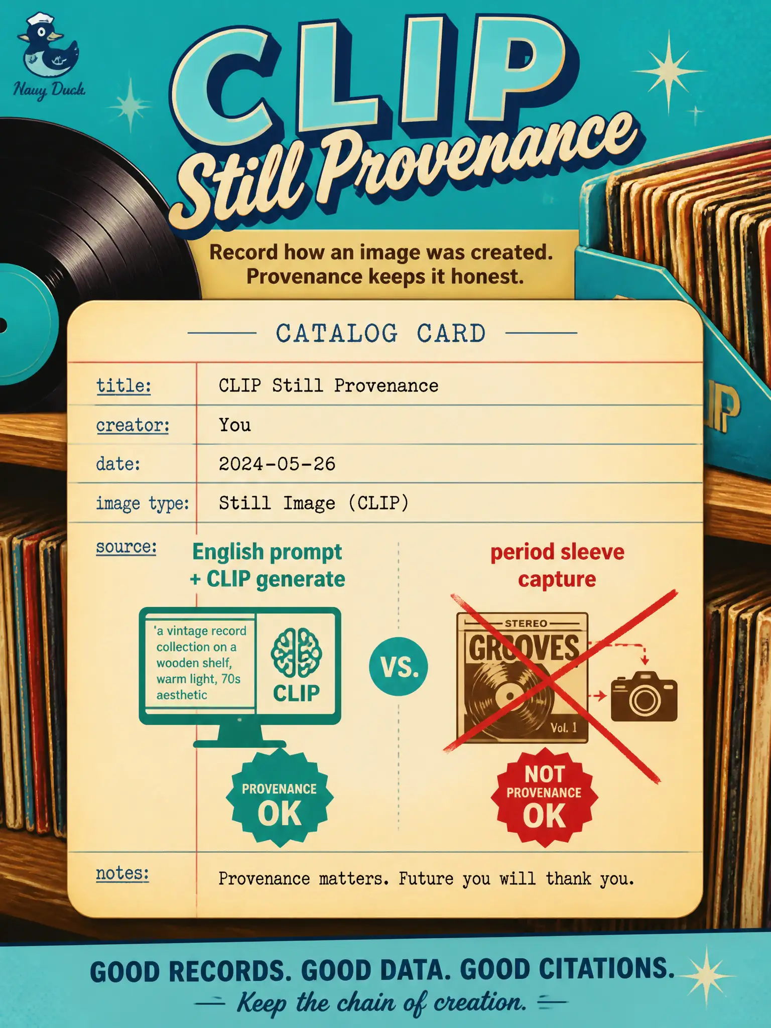 To Create an exciting colorful infographic that explains the concepts in the question: Question: A cylinder-record parlor prints English-prompt stills from a CLIP path as if they were period sleeve photos. What provenance should the catalog card carry? Correct Answer: That each still was generated from an English prompt on a CLIP path, not filed as a captured sleeve photo. Put EVERY visible label in double quotes. No people. No A/B/C/D letters. In one of the four corners put a little "Navy Duck".