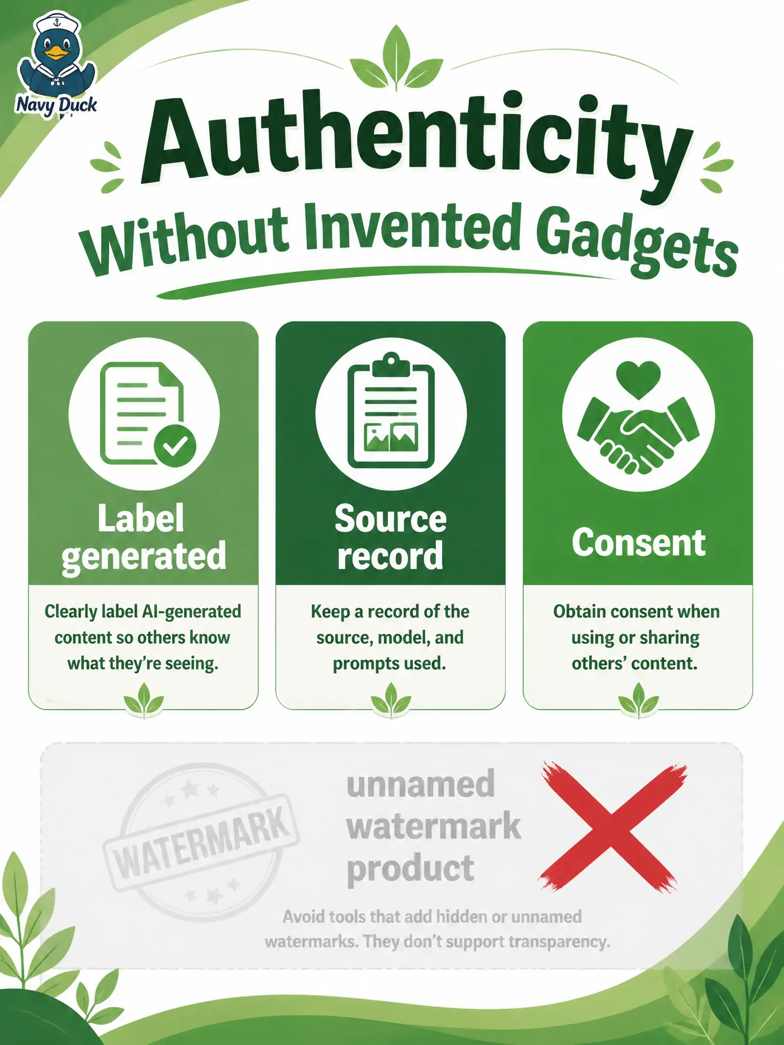 To Create an exciting colorful infographic that explains the concepts in the question: Question: A life-mask studio intern asks for an unnamed watermarking product “because Trustworthy AI.” That product is not on the official NCA-GENM materials. What should the candidate do instead? Correct Answer: Stay with honest labels, source records, and consent rather than inventing a provenance product. Put EVERY visible label in double quotes. No people. No A/B/C/D letters. In one of the four corners put a little "Navy Duck".