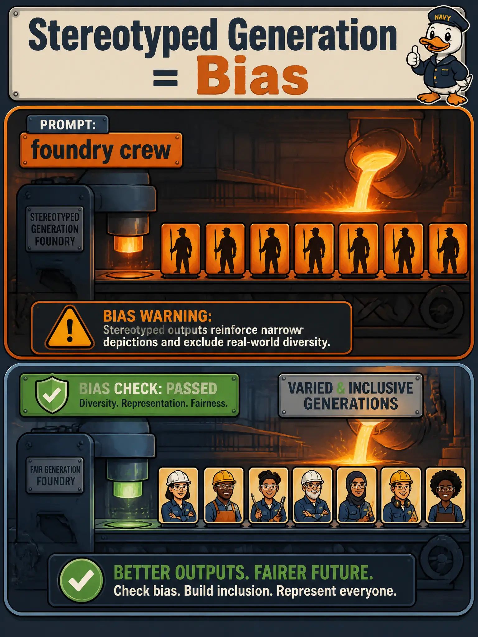 To Create an exciting colorful infographic that explains the concepts in the question: Question: A civic-statue plaque generator, given “the foundry crew,” always renders the same body type and dress. How should a trustworthy-build review treat that pattern? Correct Answer: As a bias failure: stereotyped multimodal generation that a trustworthy review must catch. Put EVERY visible label in double quotes. No people. No A/B/C/D letters. In one of the four corners put a little "Navy Duck".