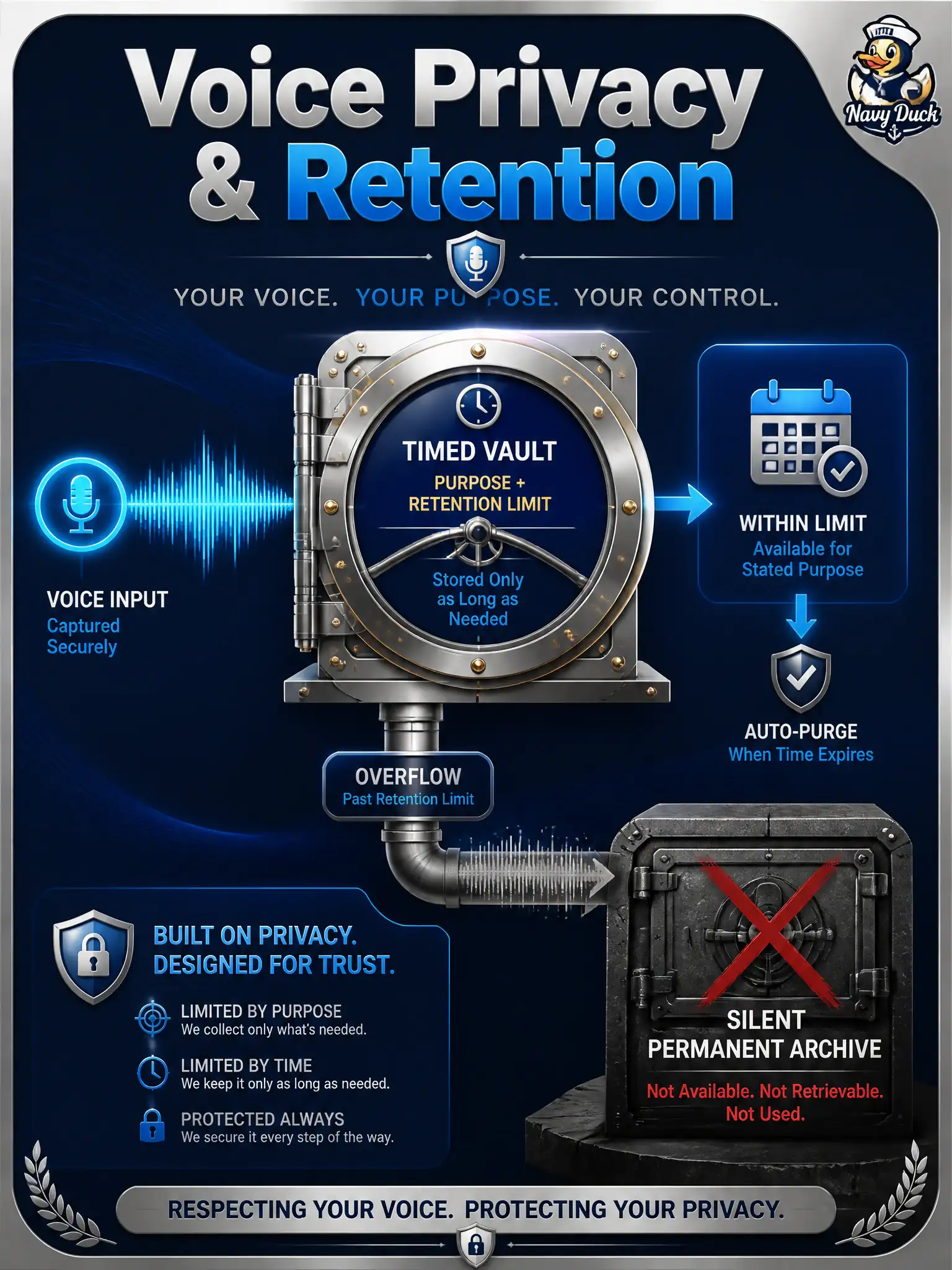 To Create an exciting colorful infographic that explains the concepts in the question: Question: A memorial-voice kiosk keeps raw visitor recordings so Riva can be adapted later, but families never agreed to a permanent voice file. What does a trustworthy build require? Correct Answer: Retention limits and a clear purpose for identifiable speech, not a silent permanent archive. Put EVERY visible label in double quotes. No people. No A/B/C/D letters. In one of the four corners put a little "Navy Duck".