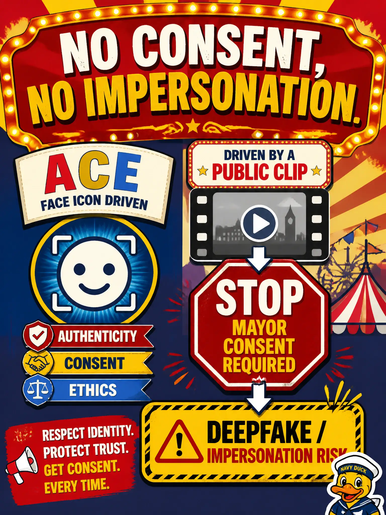 To Create an exciting colorful infographic that explains the concepts in the question: Question: A carnival photobooth offers “hear the mayor say your name” by driving an ACE face from a public clip without the mayor’s consent. What is the trustworthy-AI judgment? Correct Answer: Refuse the bit without consent and name the deepfake / impersonation risk of non-consensual face and voice reuse. Put EVERY visible label in double quotes. No people. No A/B/C/D letters. In one of the four corners put a little "Navy Duck".