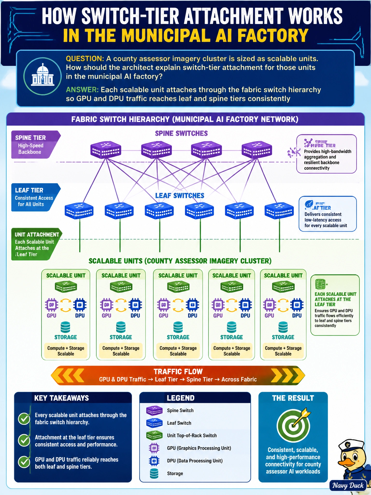 To Create an exciting colorful infographic that explains the concepts in the question: Question: A county assessor imagery cluster is sized as scalable units. How should the architect explain switch-tier attachment for those units in the municipal AI factory? Correct Answer: Each scalable unit attaches through the fabric switch hierarchy so GPU and DPU traffic reaches leaf and spine tiers consistently Put EVERY visible label in double quotes. No people. No A/B/C/D letters. In one of the four corners put a little "Navy Duck".