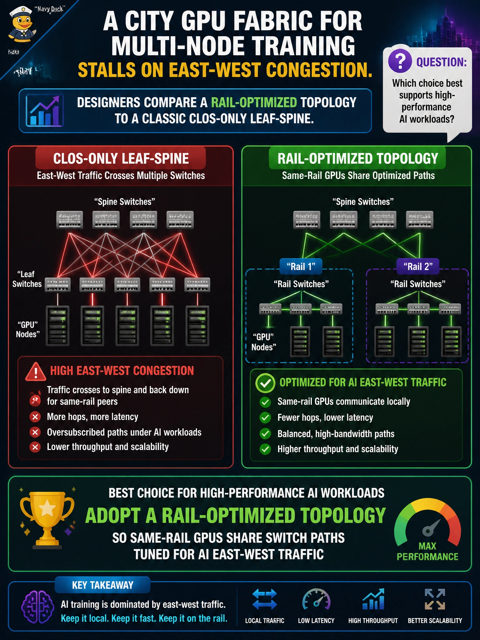 To Create an exciting colorful infographic that explains the concepts in the question: Question: A city GPU fabric for multi-node training stalls on east-west congestion. Designers compare a rail-optimized topology to a classic Clos-only leaf-spine. Which choice best supports high-performance AI workloads? Correct Answer: Adopt a rail-optimized topology so same-rail GPUs share switch paths tuned for AI east-west traffic Put EVERY visible label in double quotes. No people. No A/B/C/D letters. In one of the four corners put a little "Navy Duck".