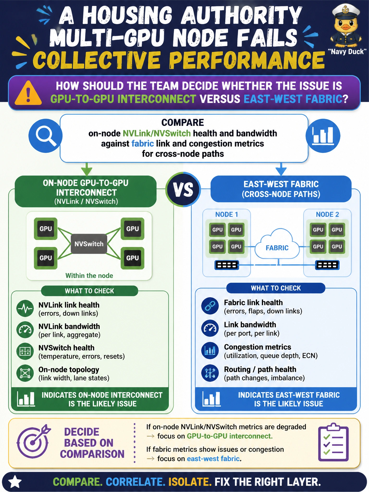 To Create an exciting colorful infographic that explains the concepts in the question: Question: A housing authority multi-GPU node fails collective performance. How should the team decide whether the issue is GPU-to-GPU interconnect versus east-west fabric? Correct Answer: Compare on-node NVLink/NVSwitch health and bandwidth against fabric link and congestion metrics for cross-node paths Put EVERY visible label in double quotes. No people. No A/B/C/D letters. In one of the four corners put a little "Navy Duck".