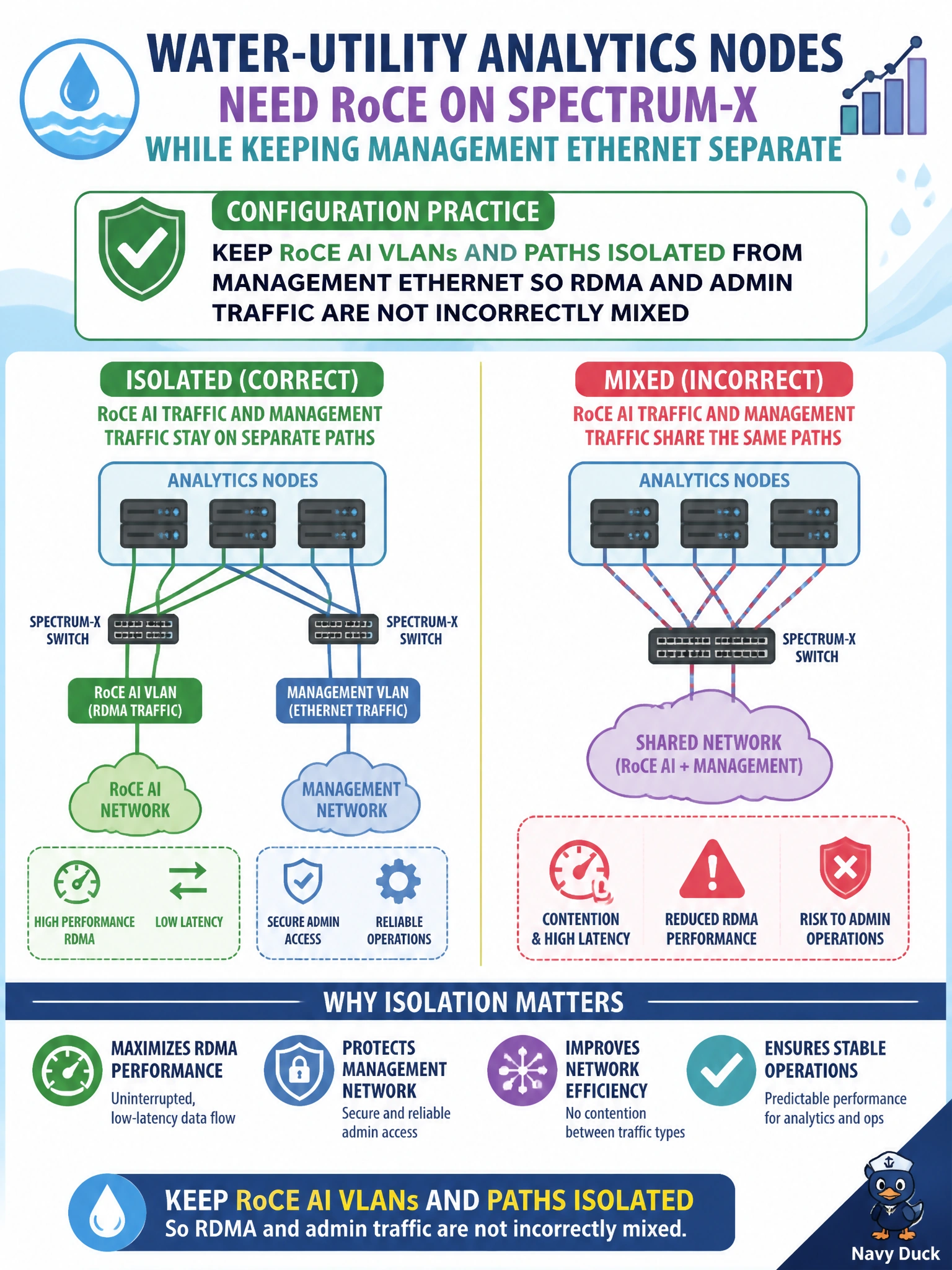To Create an exciting colorful infographic that explains the concepts in the question: Question: Water-utility analytics nodes need RoCE on Spectrum-X while keeping management Ethernet separate. Which configuration practice is appropriate? Correct Answer: Keep RoCE AI VLANs and paths isolated from management Ethernet so RDMA and admin traffic are not incorrectly mixed Put EVERY visible label in double quotes. No people. No A/B/C/D letters. In one of the four corners put a little "Navy Duck".
